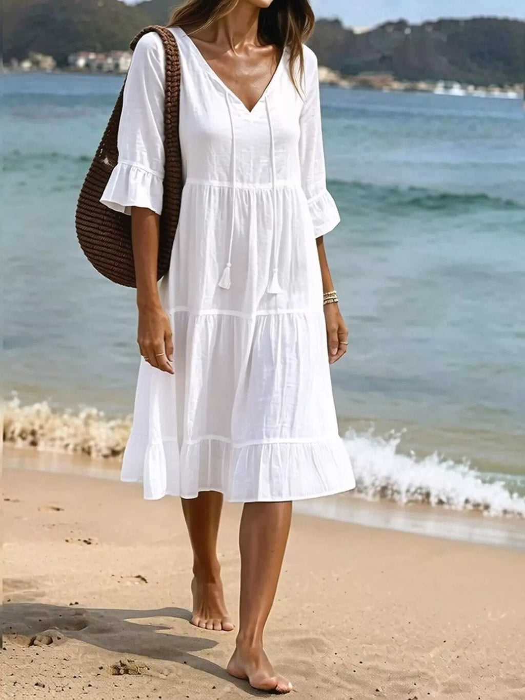 Full Size Tiered Tie Neck Flounce Sleeve Dress Plus Size - Lilixa.store