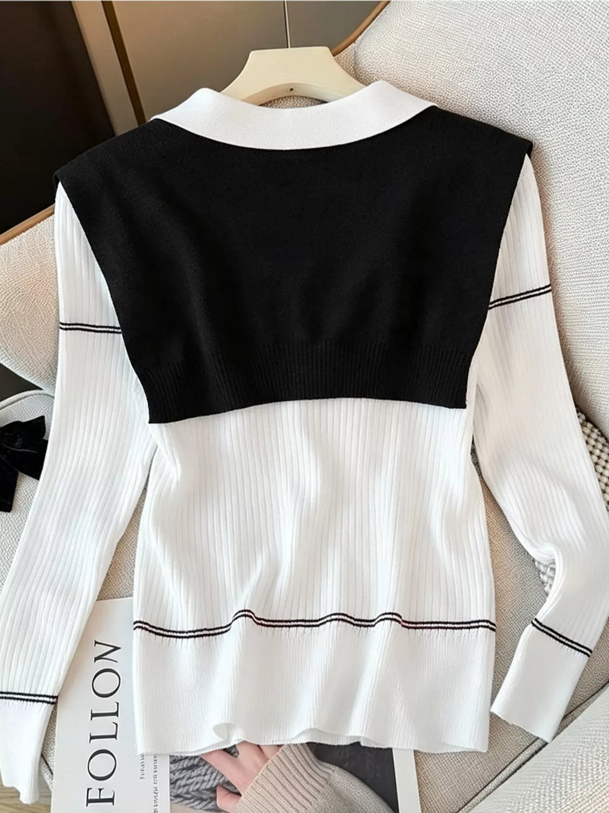 Ribbed Knit Top with Contrast Shawl - Lilixa.store