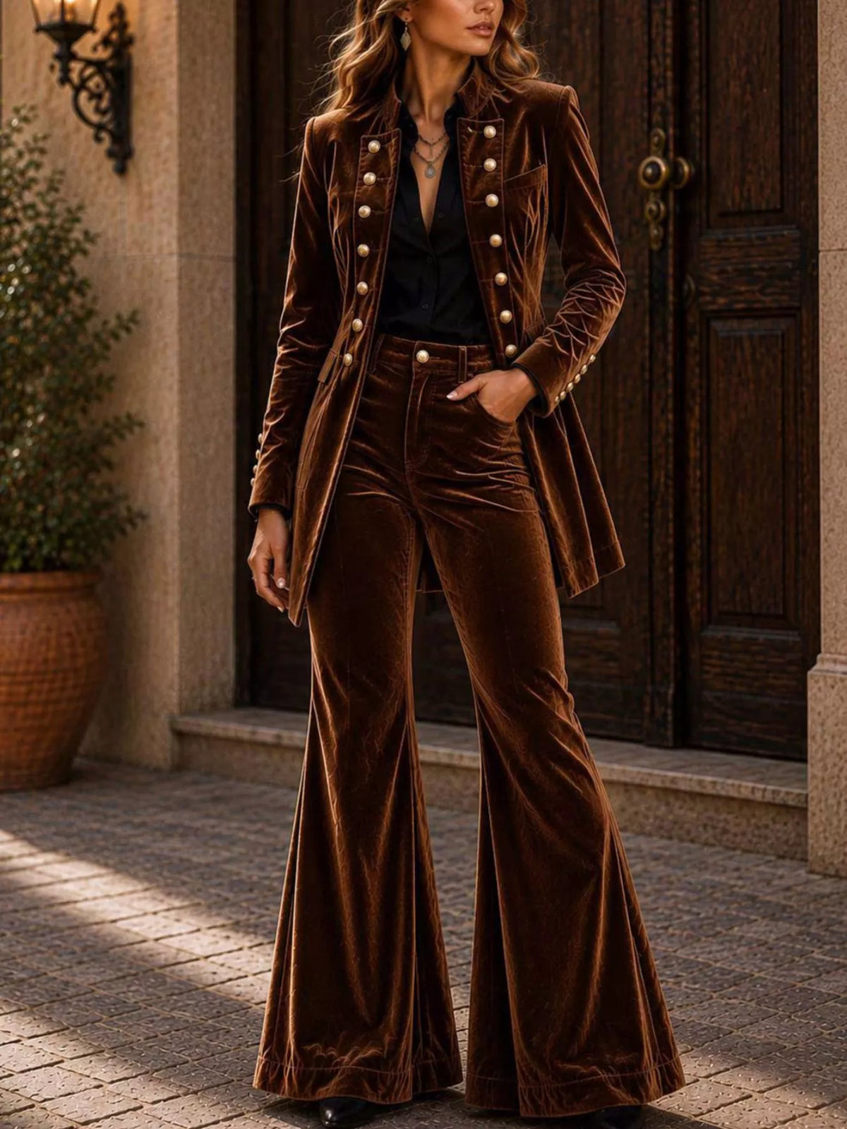 Velvet Double-Breasted Blazer and Flare Pants Set in Light Brown
