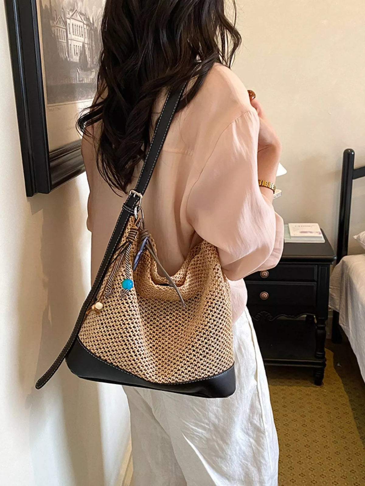 Leather Trim Woven Shoulder Bag