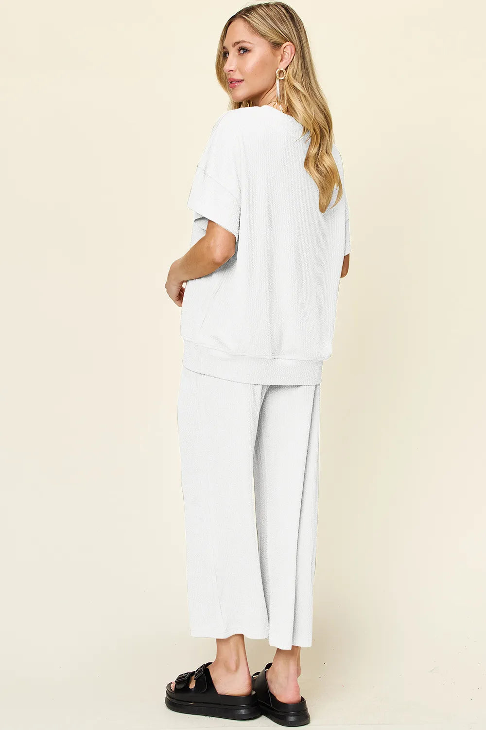 Double Take Full Size Texture Round Neck Short Sleeve T-Shirt and Wide Leg Pants, view 23