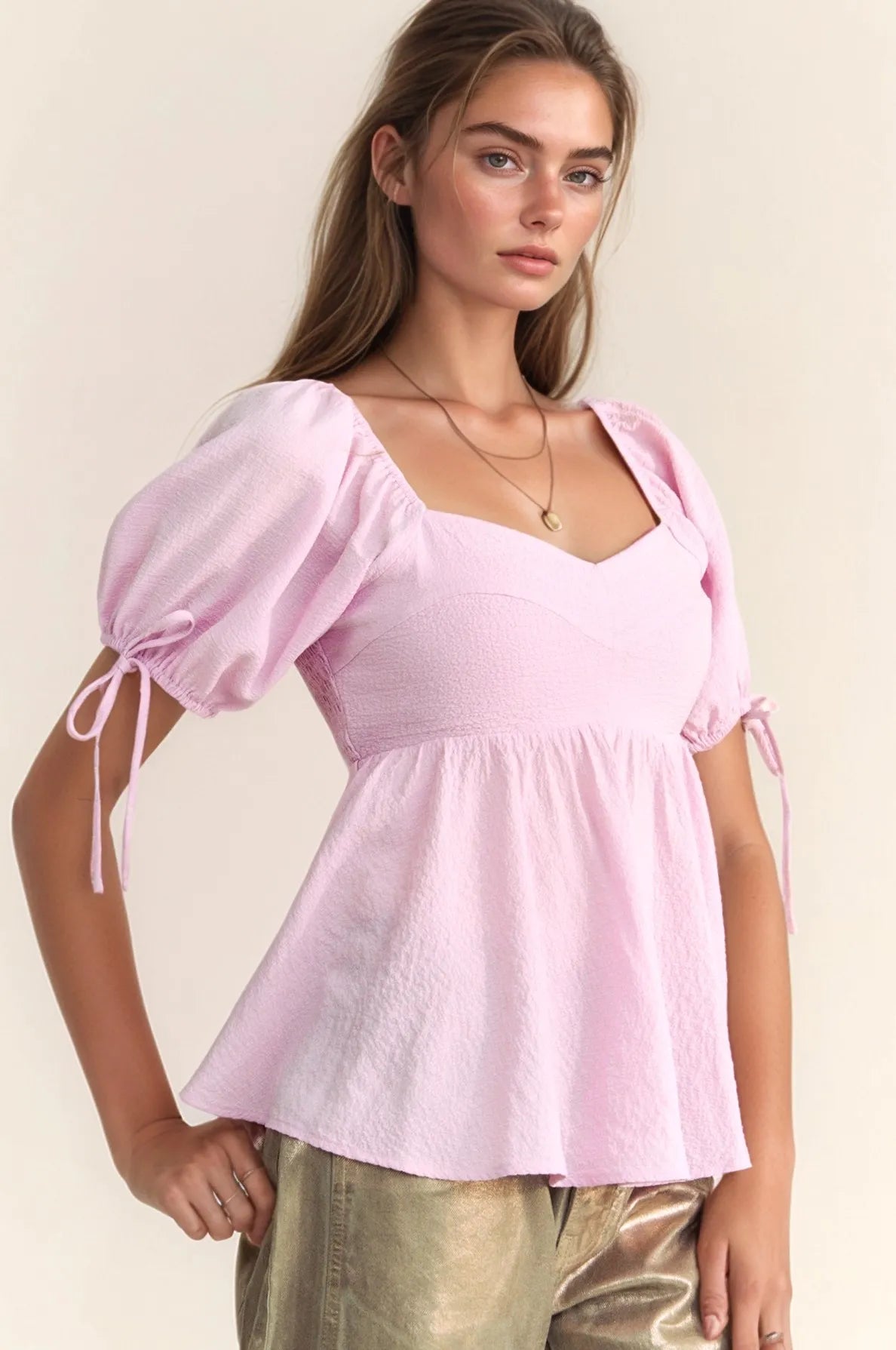 Davi & Dani Solid Elastic Peplum Puffed Sleeves Blouse - Lilixa.store
