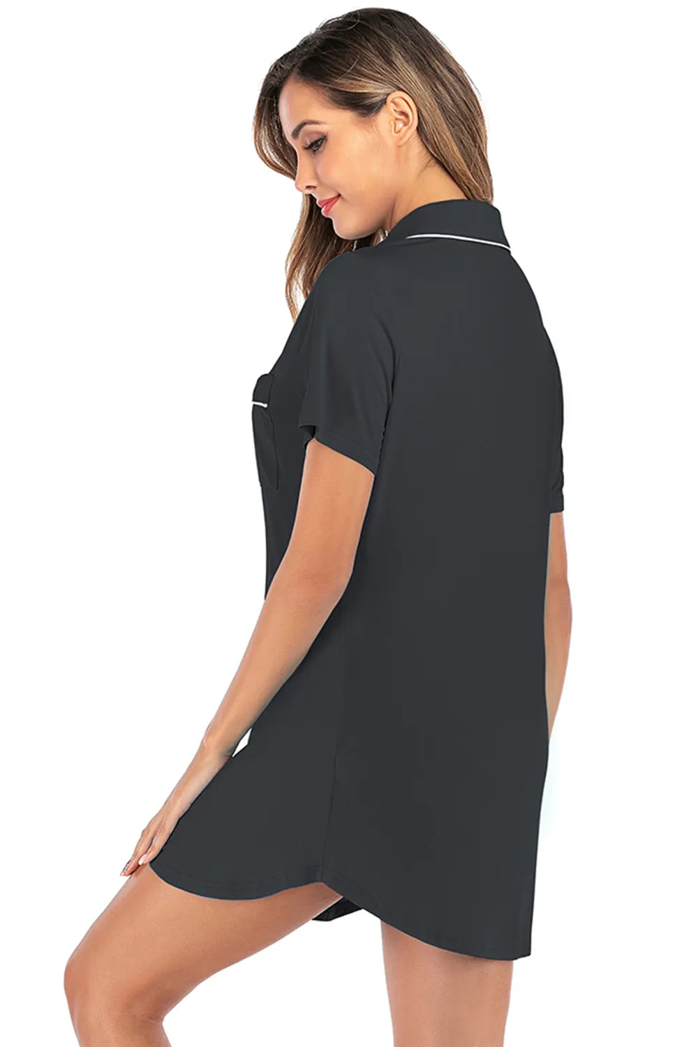 Contrast Piping Pocketed Short Sleeve Lounge Dress - Lilixa.store