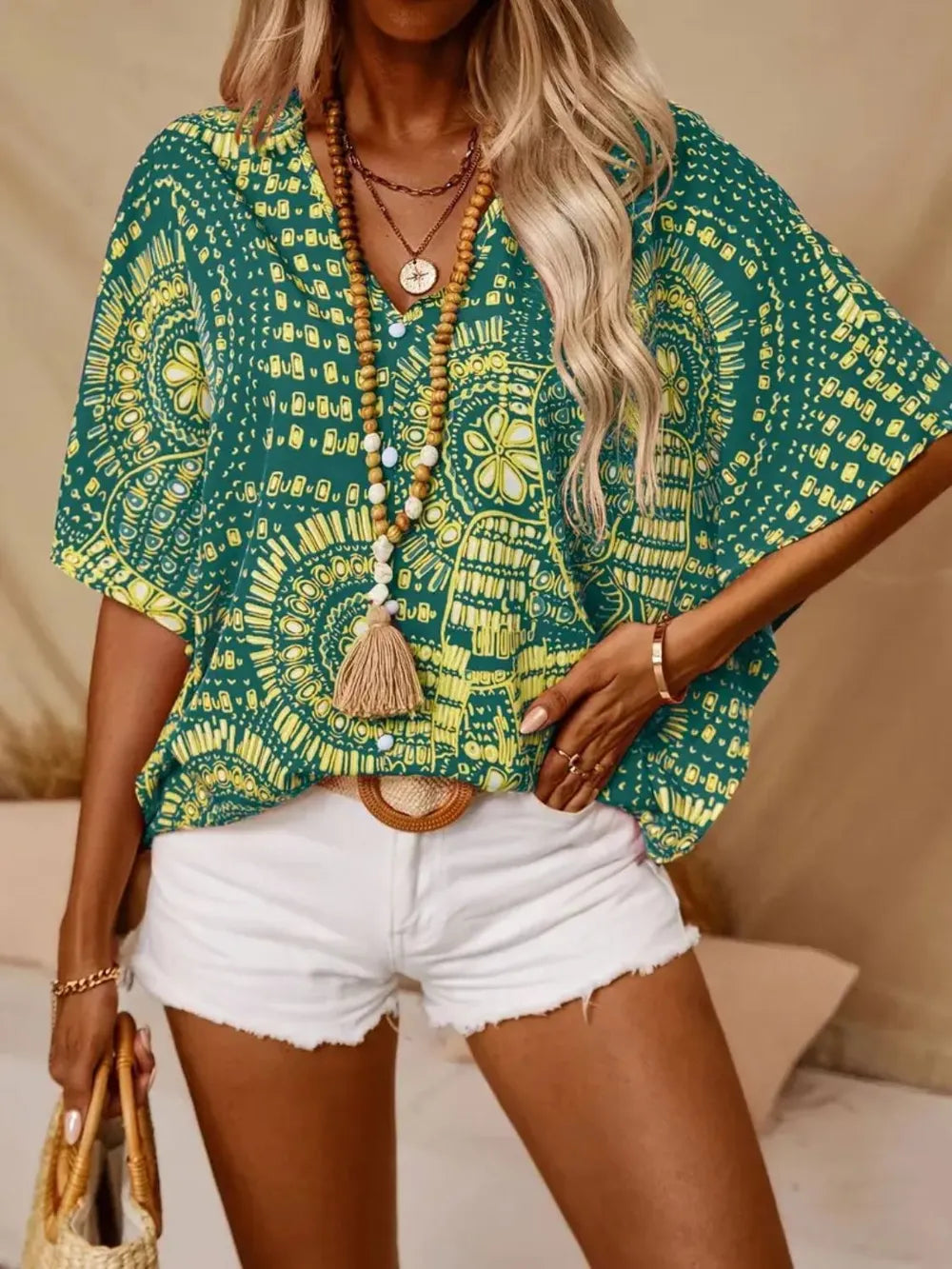 Printed V-Neck Half Sleeve Top - Lilixa.store
