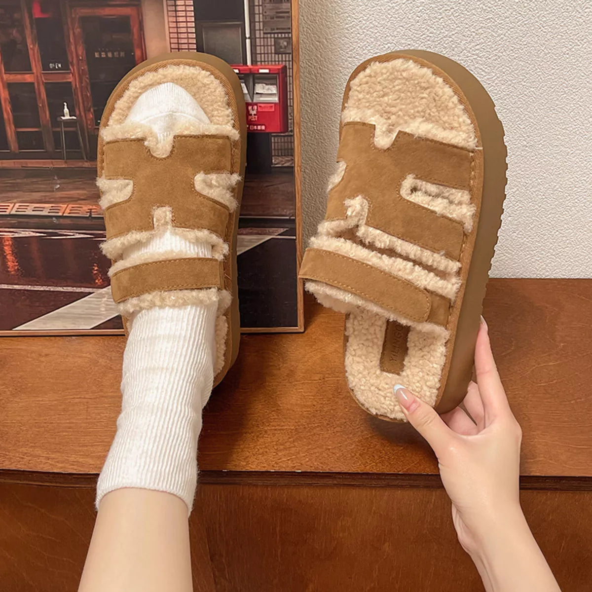 Fluffy Platform Velcro Slippers - Lilixa.store