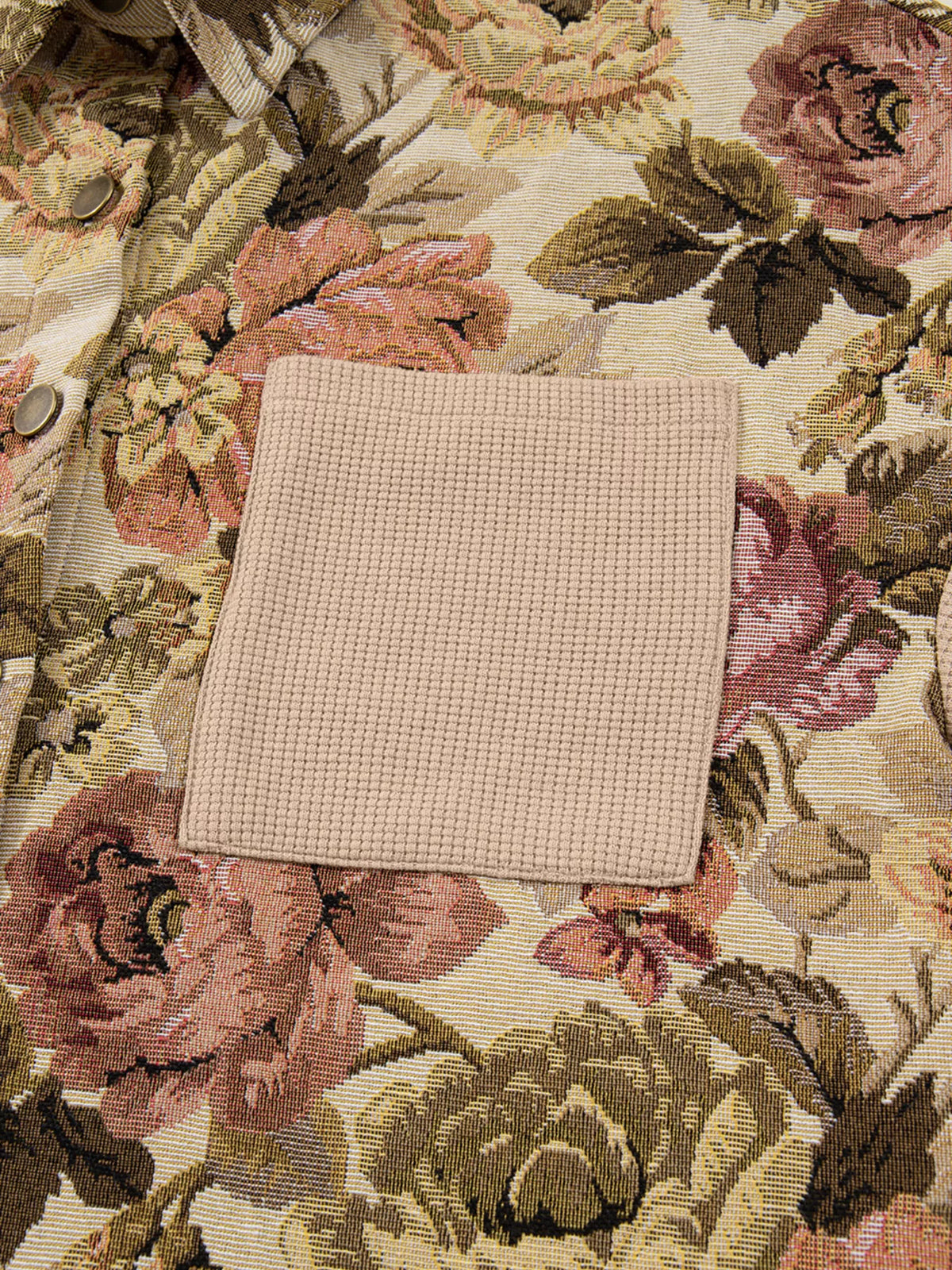 Floral Waffle Knit Patchwork Chest Pockets Buttoned Jacket in Tan, view 10