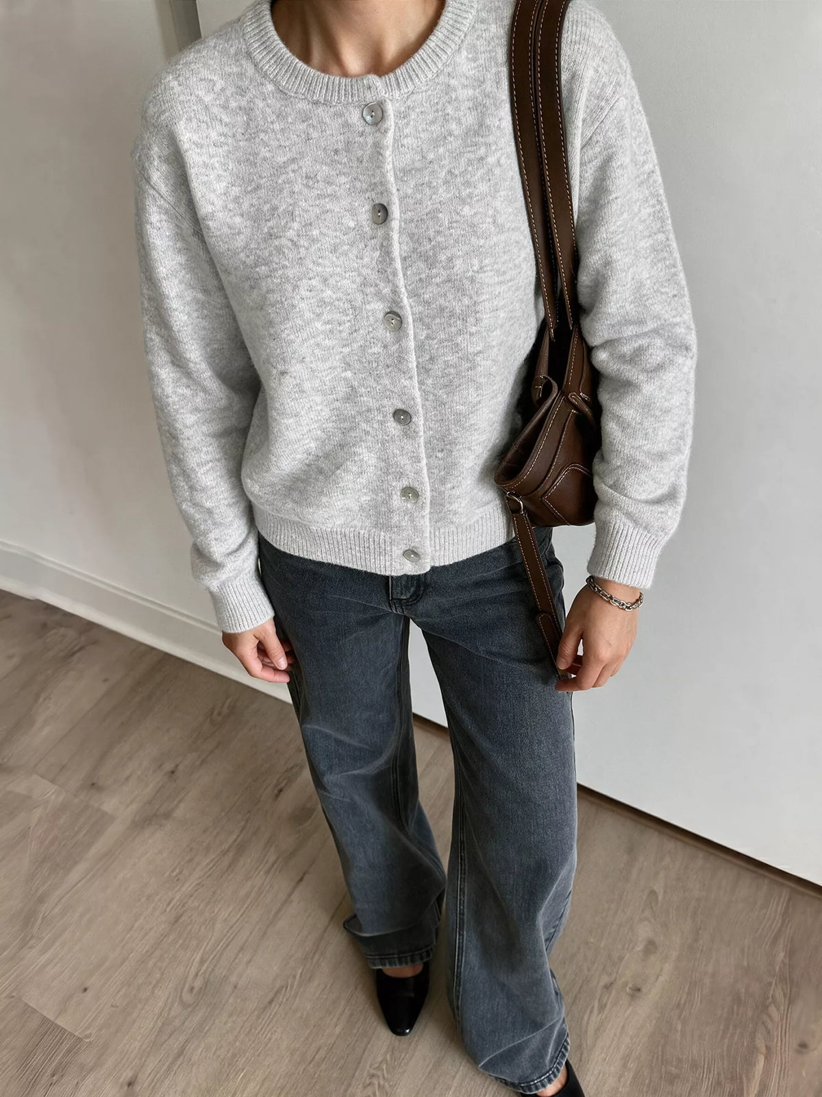 Crew Neck Button-Down Cardigan in Gray/white, view 5