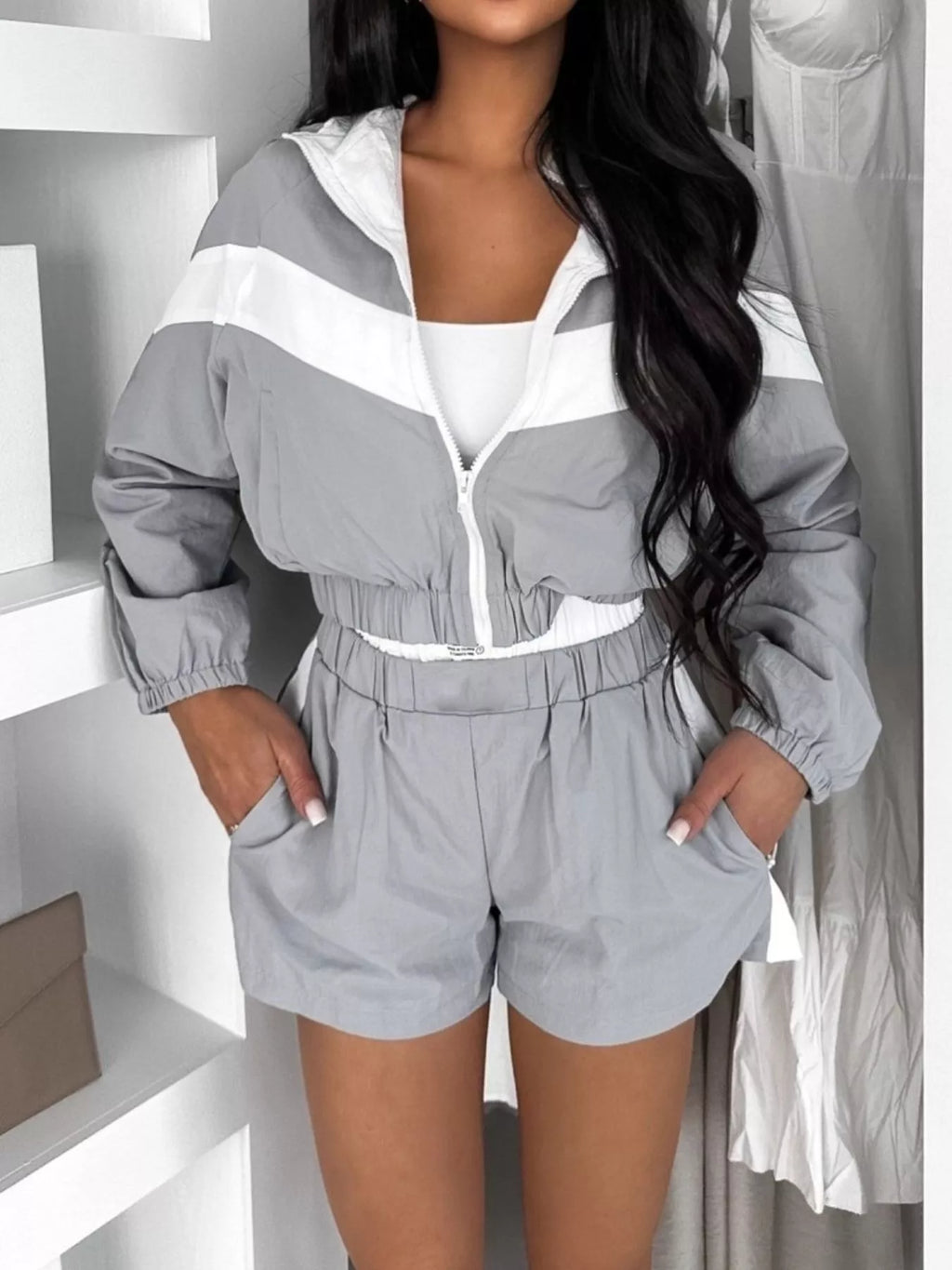 Color Block Zip-Up Jacket and Shorts Two-Piece Set - Lilixa.store