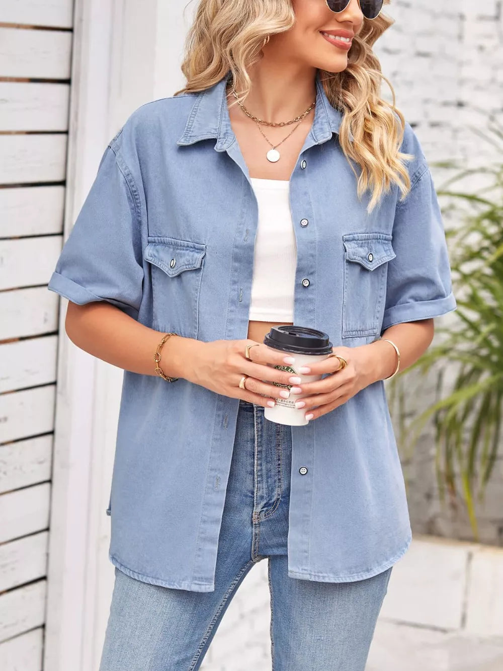 Collared Neck Short Sleeve Denim Jacket, view 5