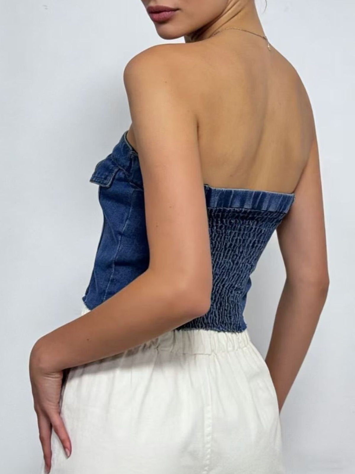 Button Front Denim Tube Top - Lilixa.store