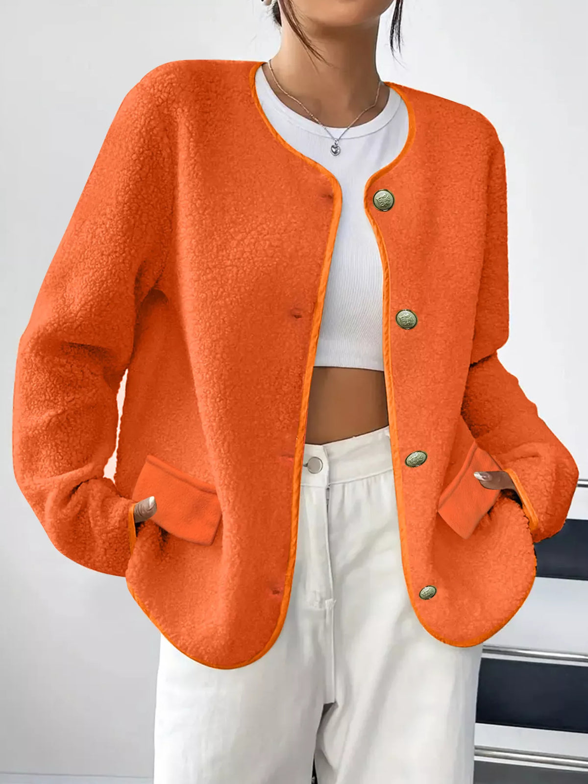 Full Size Textured Button-Up Fleece Outerwear Plus Size - Lilixa.store