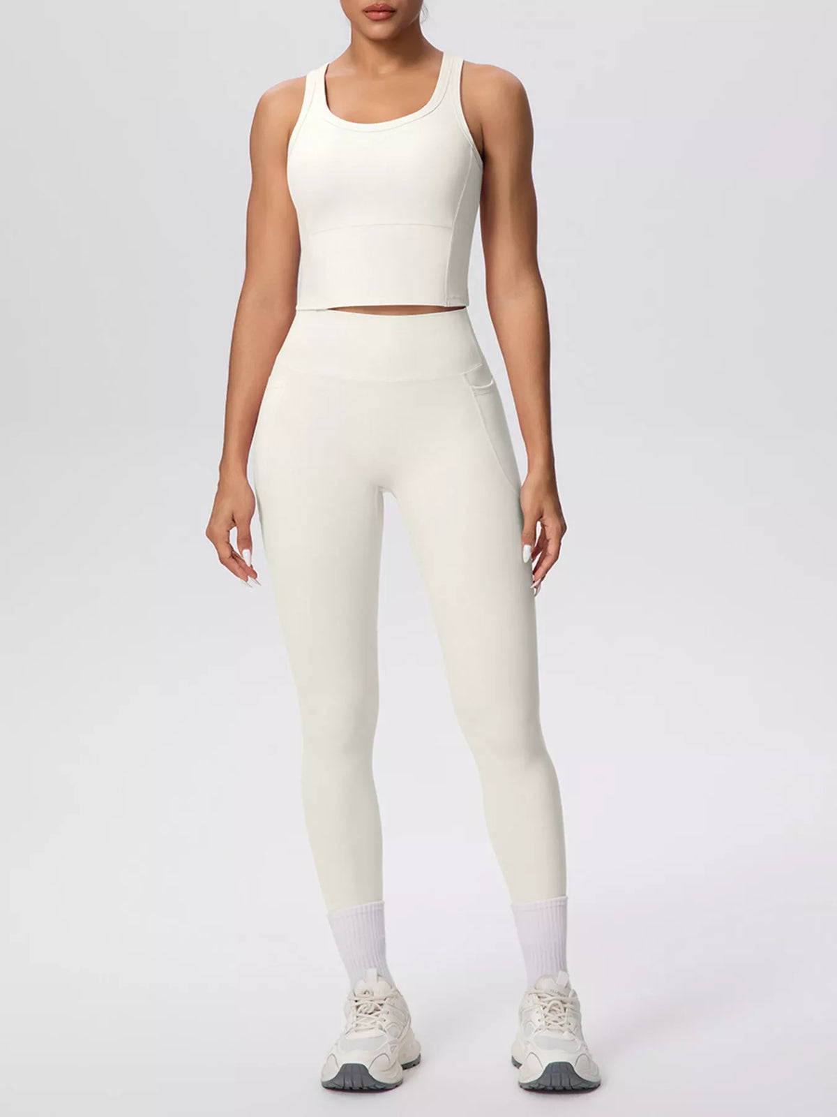 Scoop Neck Tank and High-Waisted Leggings Active Set in Cream