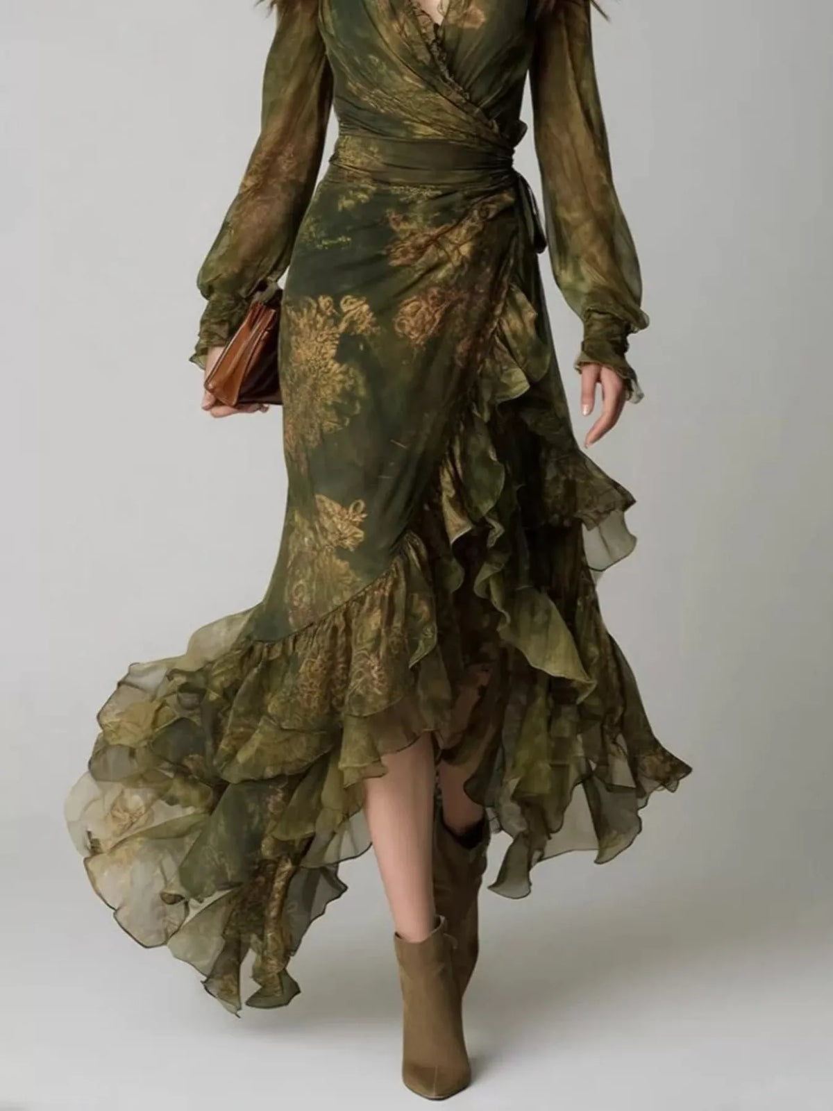 Floral Print Ruffle Hem Wrap Maxi Dress