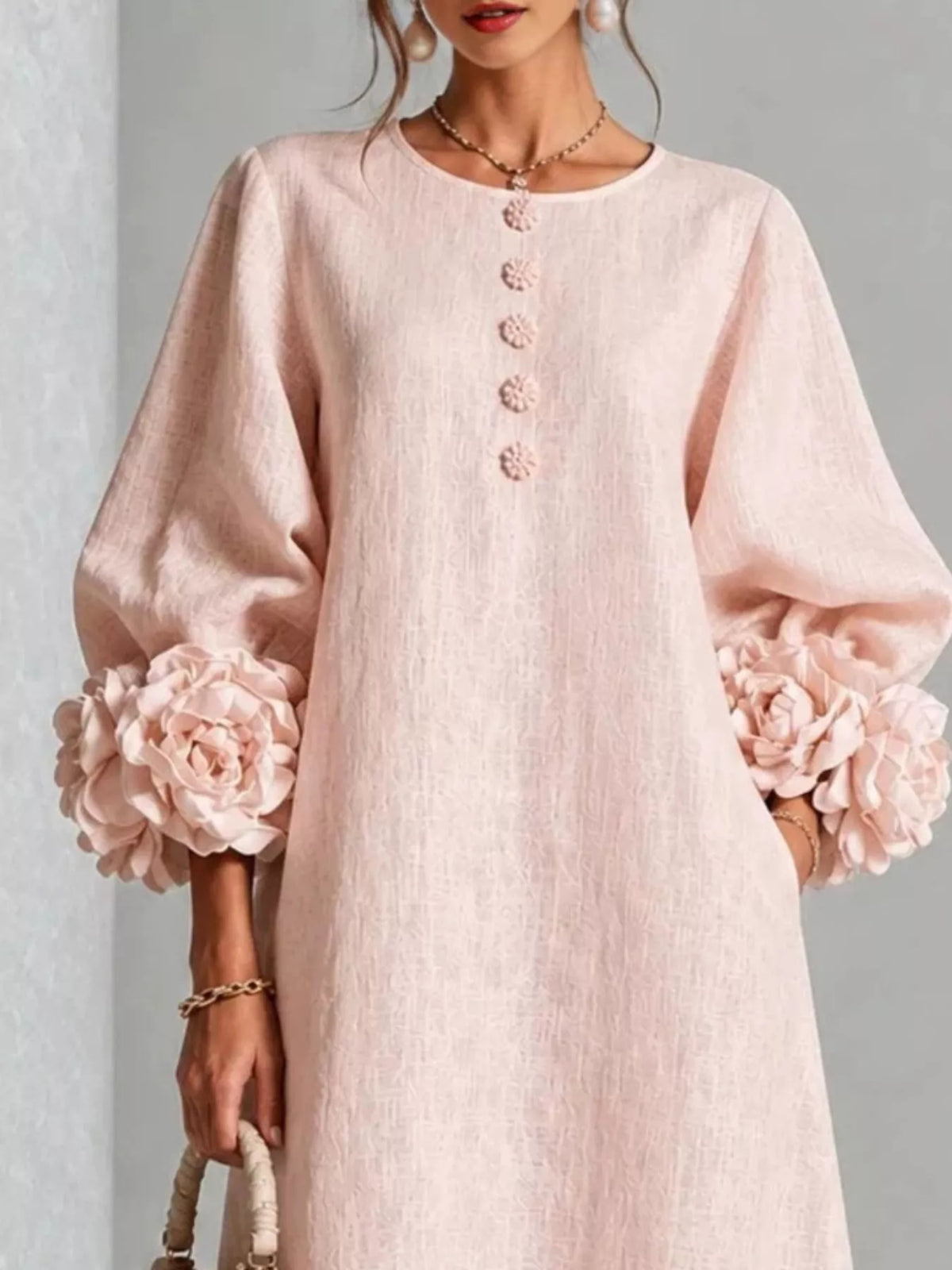 3D Floral Round Neck Midi Dress