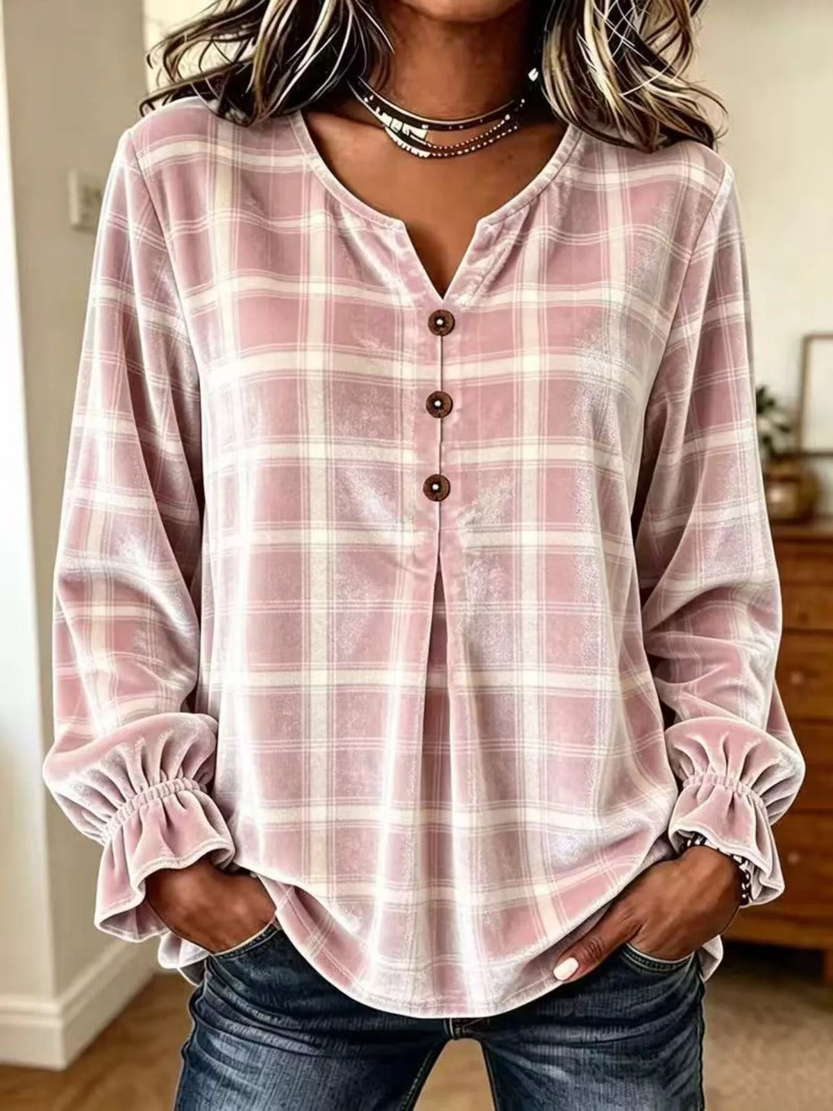 Full Size Plaid Velvet Flounce Sleeve Blouse Plus Size in Blush Pink