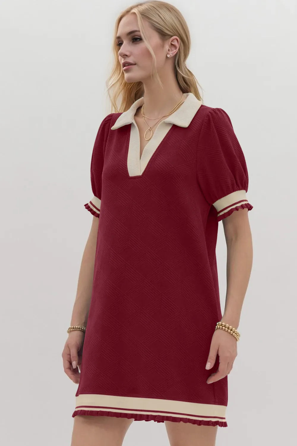 Oh Frill Contrast Trim Johnny Collar Short Sleeve Mini Dress in Black, view 9