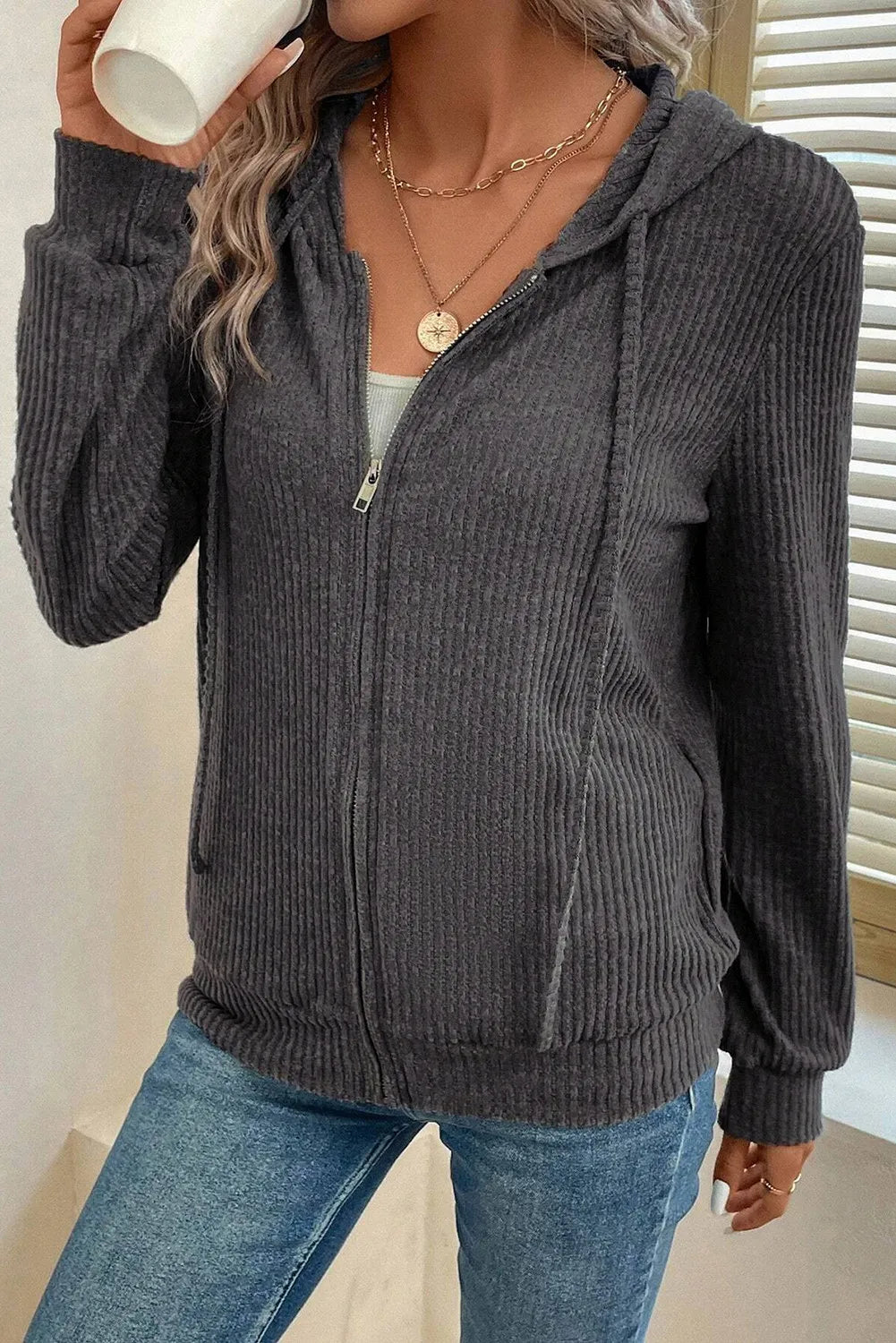 Drawstring Zip Up Long  Sleeve Hooded Jacket - Lilixa.store