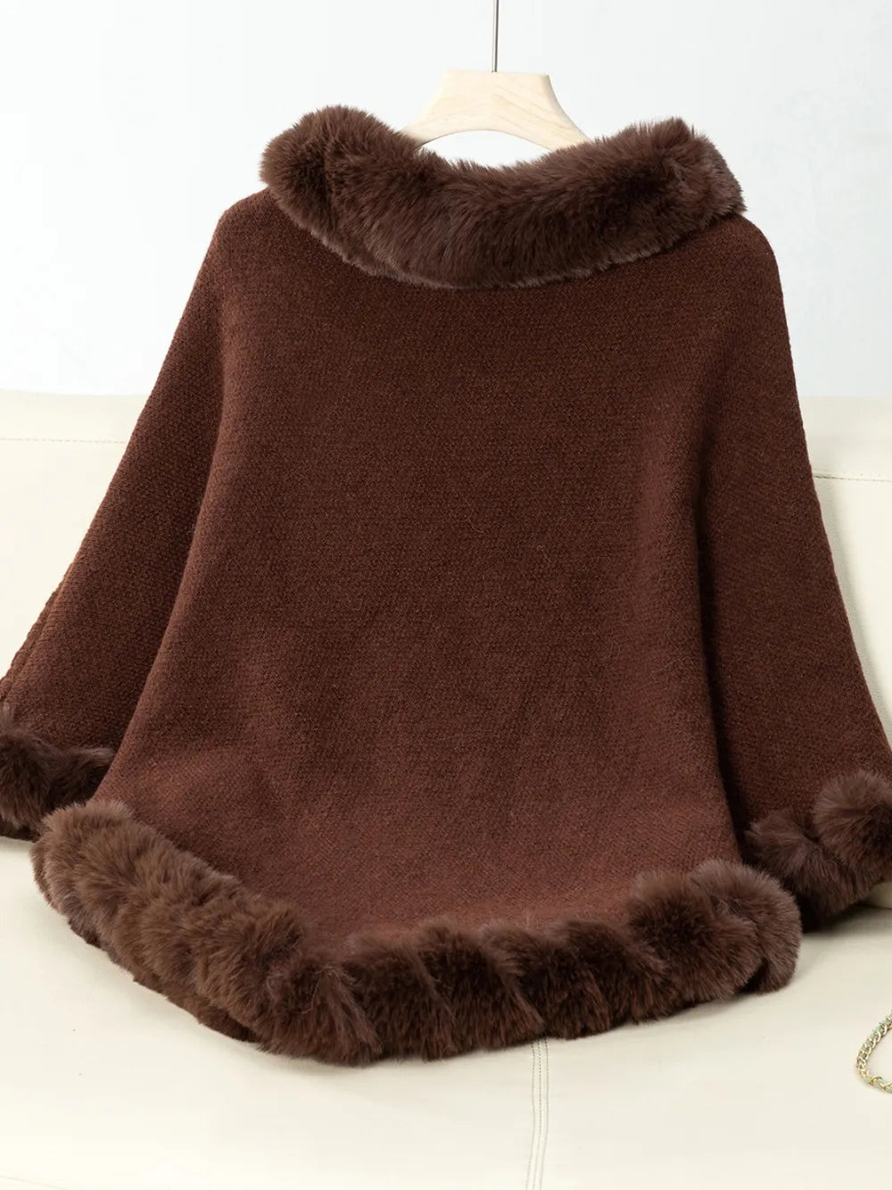 Fuzzy Trim Texture Three-Quarter Sleeve Poncho - Lilixa.store