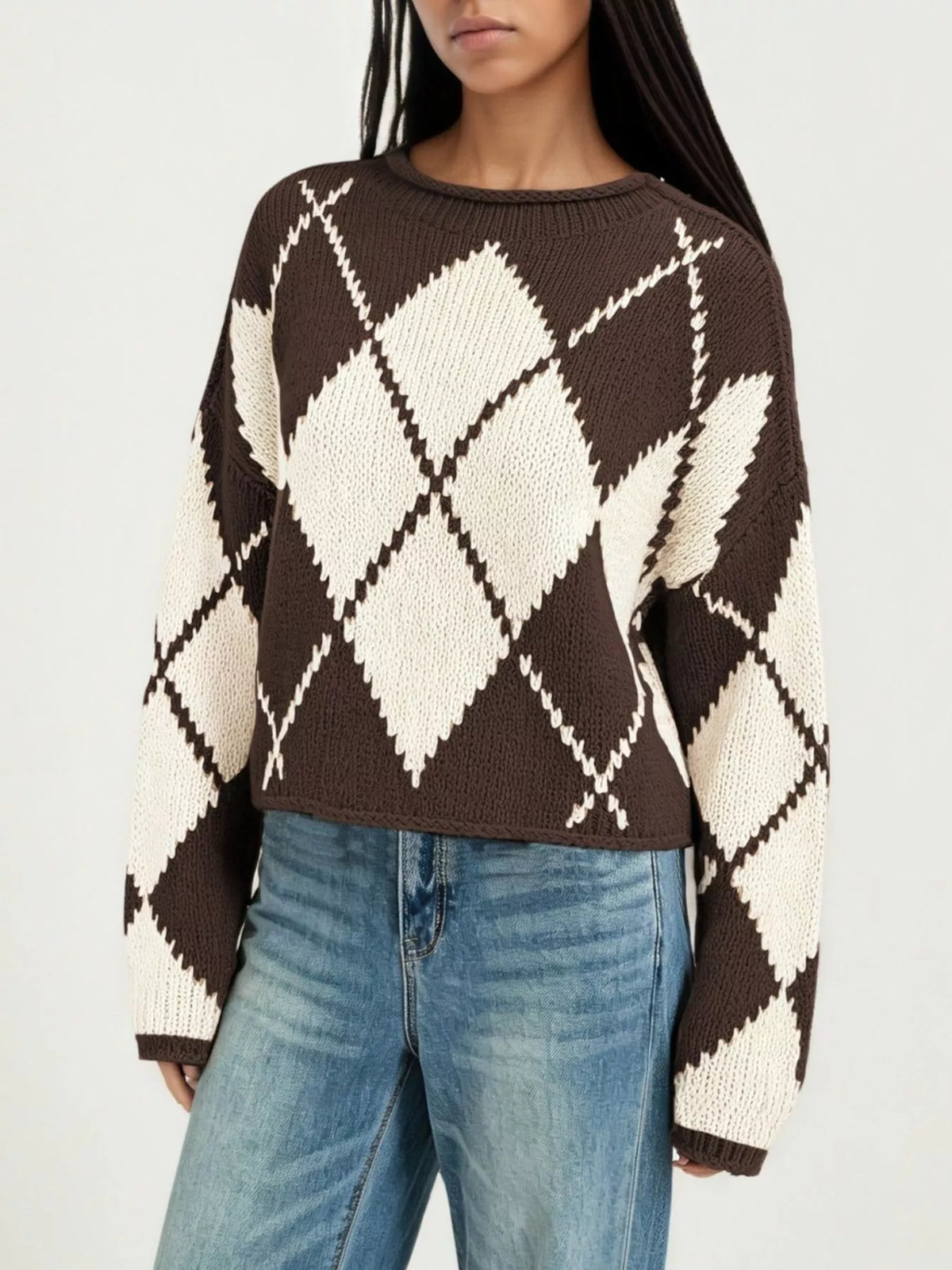 Argyle Pattern Knit Dropped Shoulder Sweater - Lilixa.store