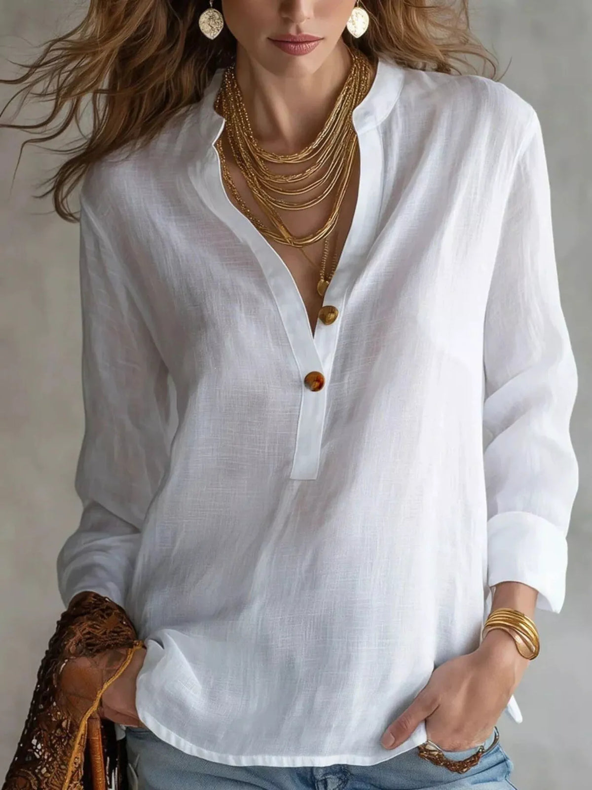 Button Detail Long Sleeve Blouse - Lilixa.store