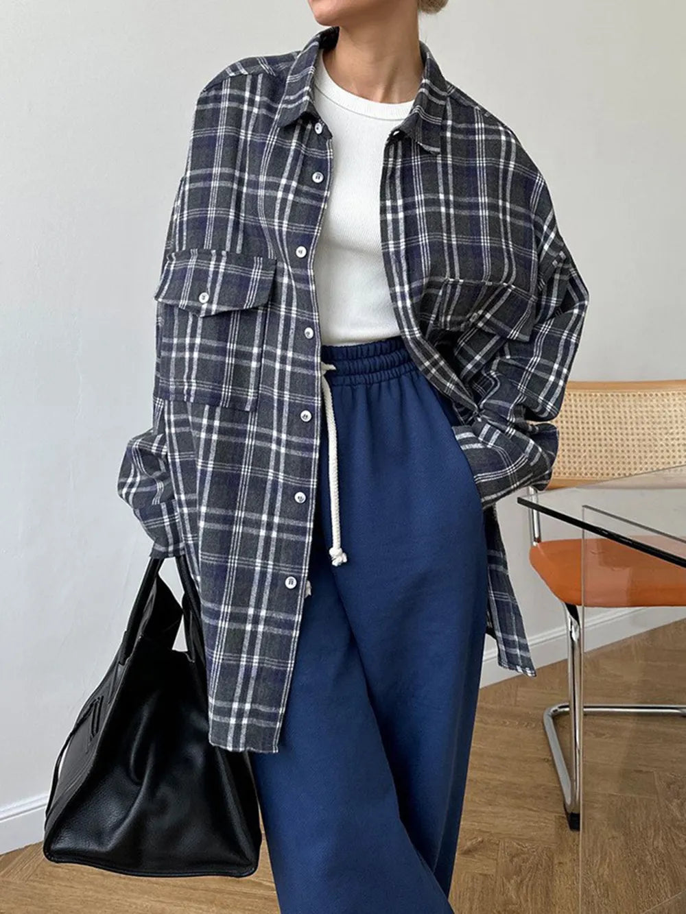 Pocketed Plaid Button Up Shacket, view 3