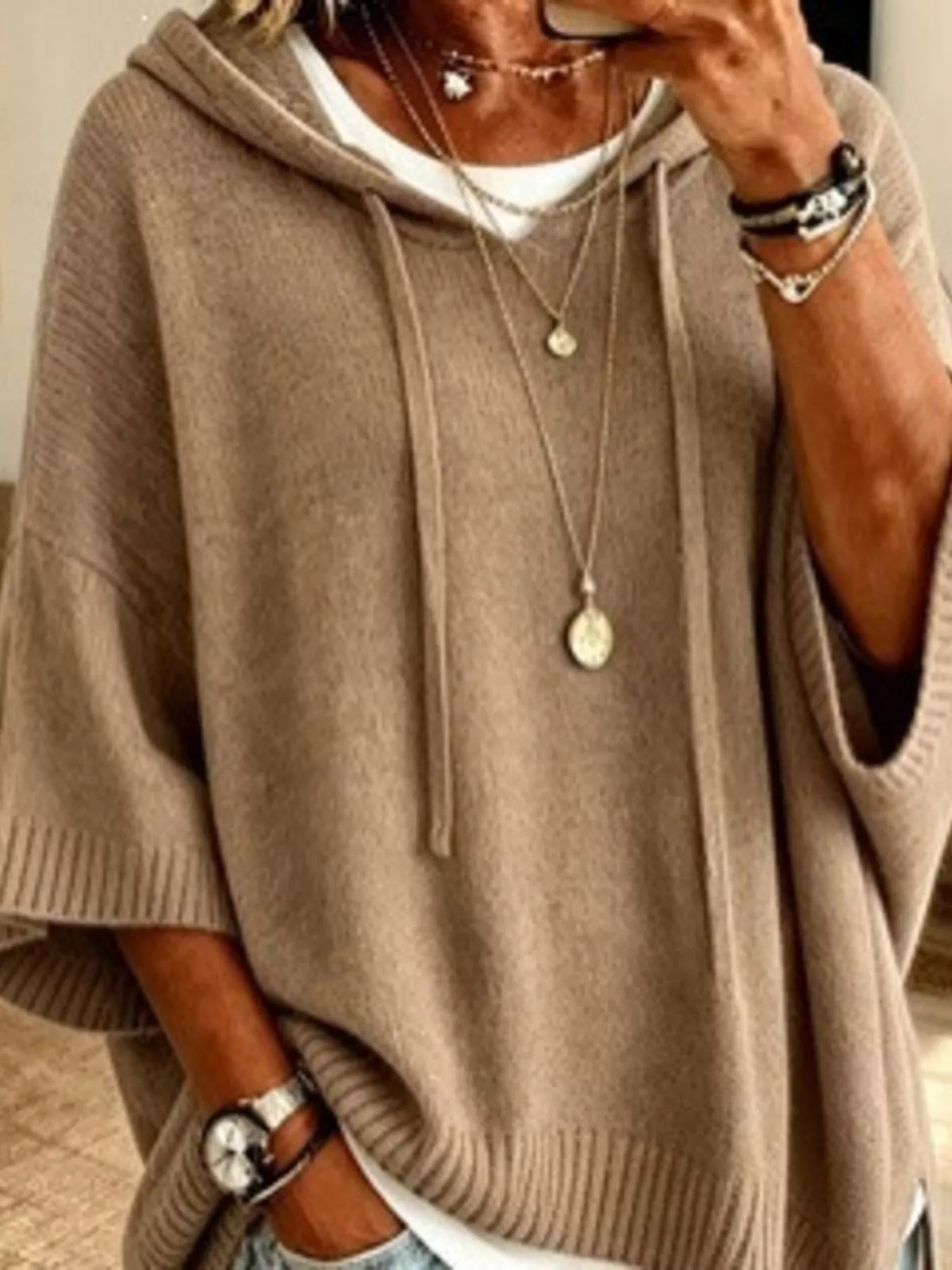 Casual Loose Fit Hooded Knit Sweater with Ribbed Hem, view 4