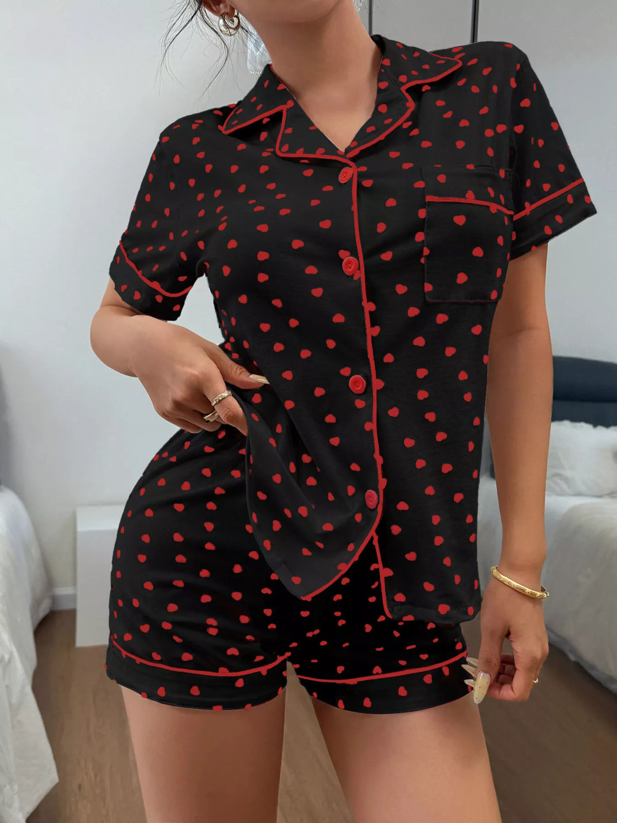 Heart Print Button-Down Short Sleeve Top and Shorts Lounge Set - Lilixa.store
