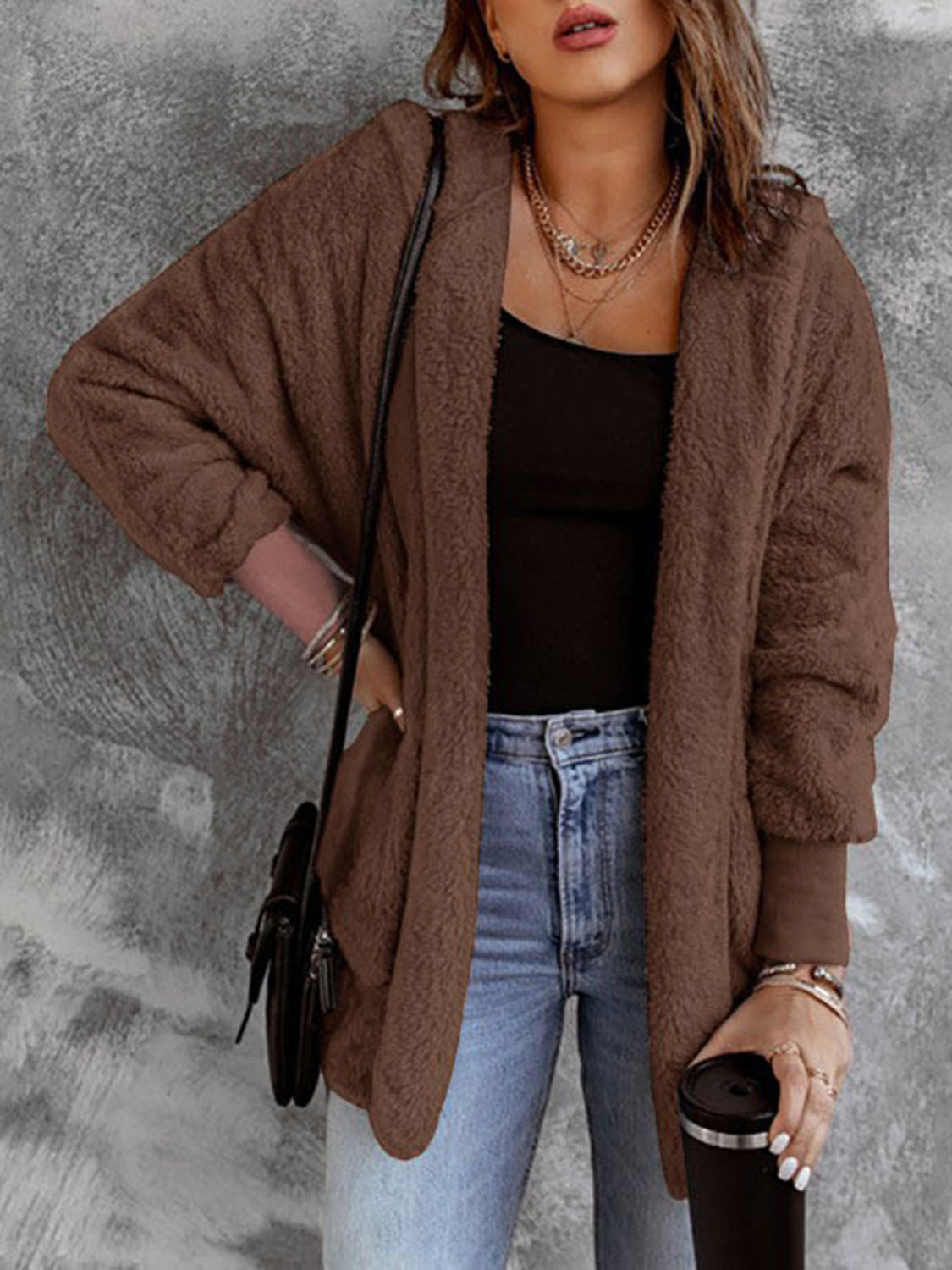 Open Front Hooded Faux Fur Outwear with Pockets - Lilixa.store