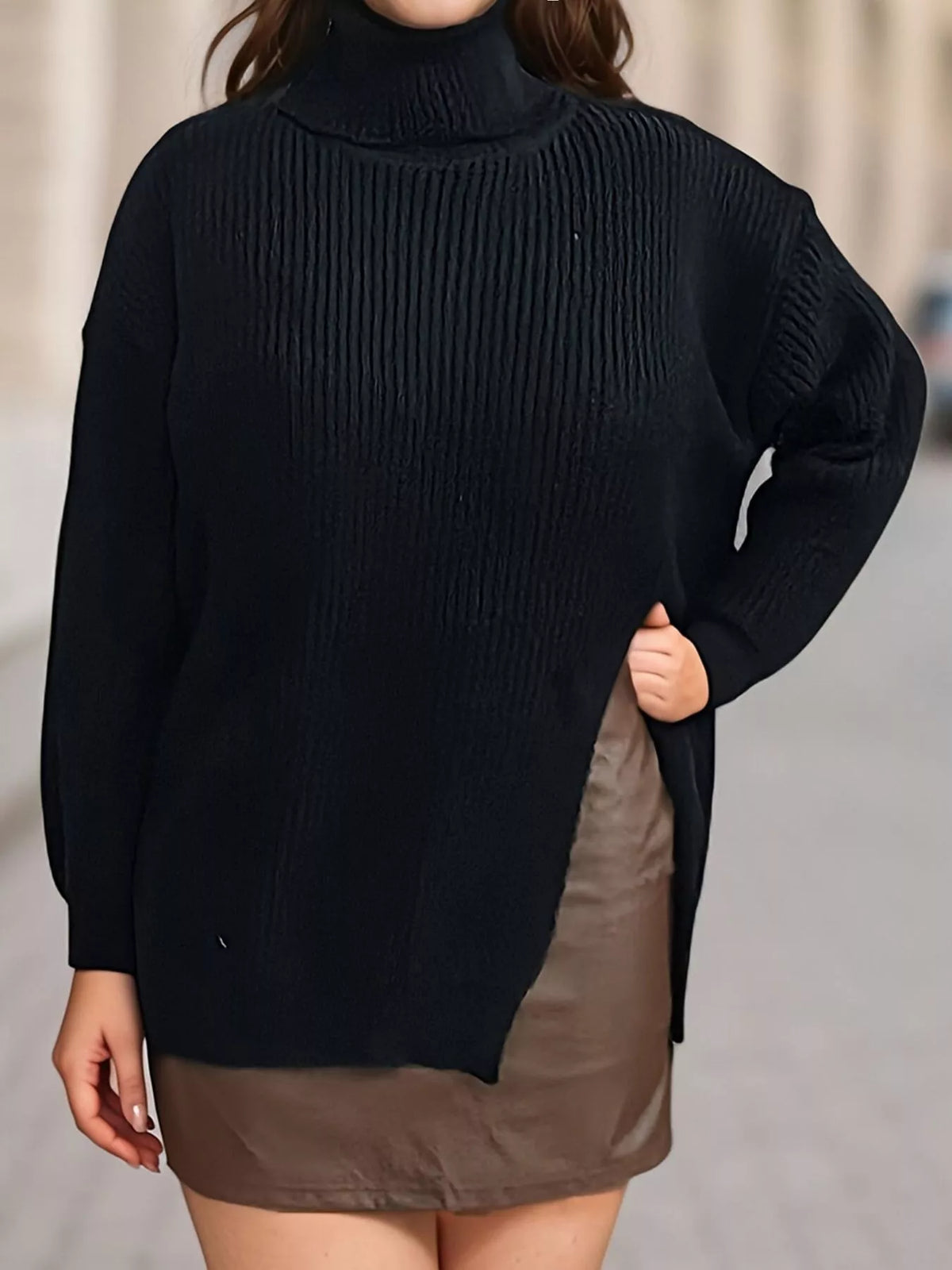 Plus Size Side Slit Ribbed Turtleneck Sweater