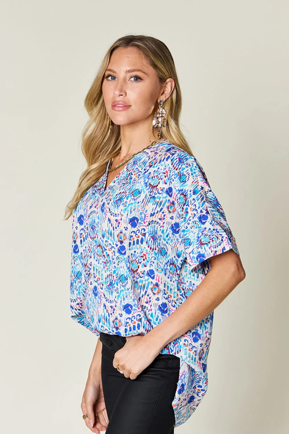 Double Take Full Size Printed V-Neck Short Sleeve Blouse - Lilixa.store