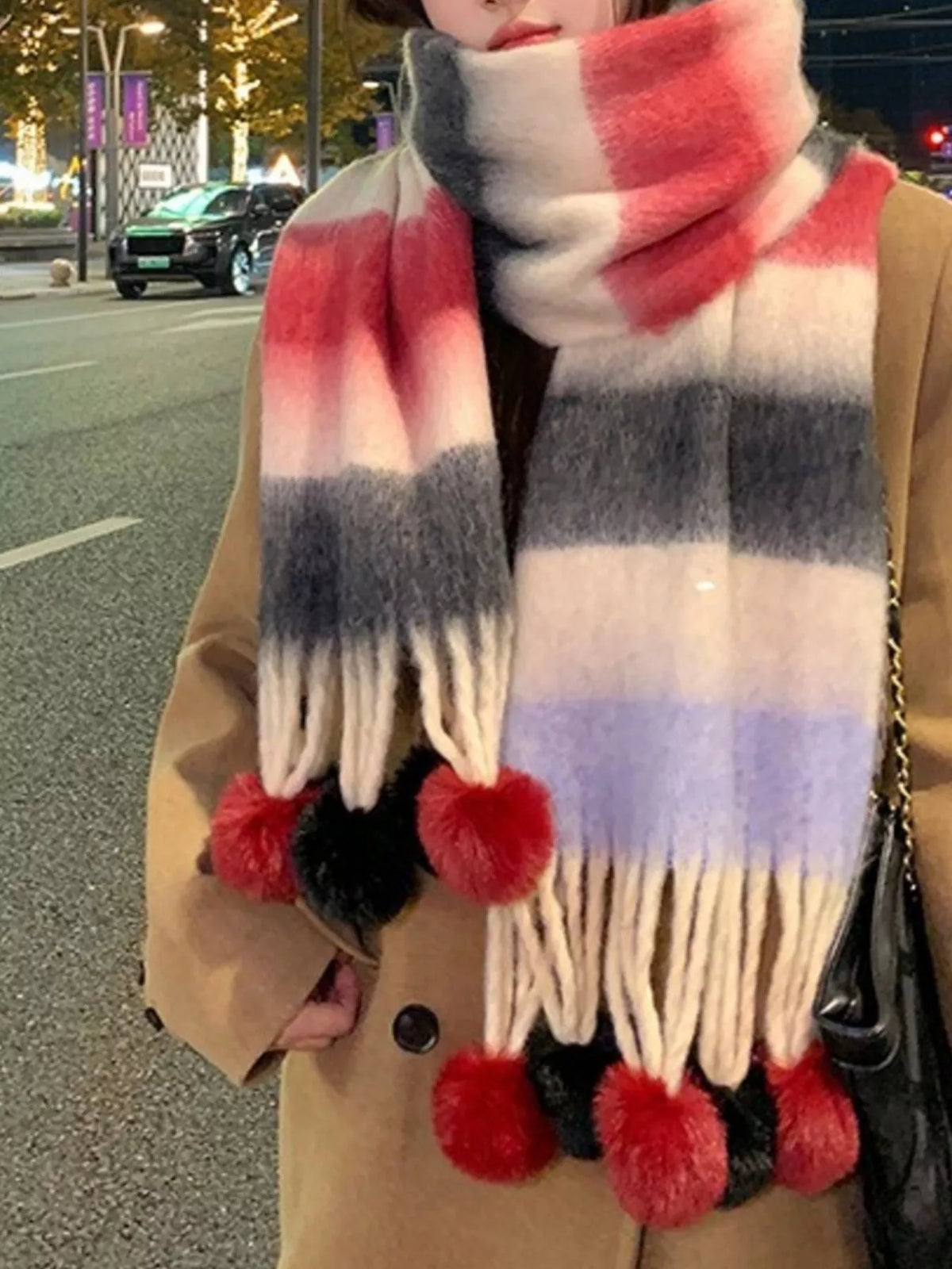 Striped Scarf with Pom-Poms - Lilixa.store