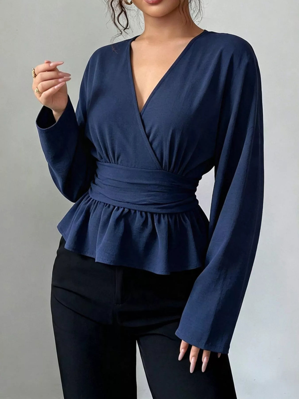 Surplice Long Sleeve Wrap Blouse - Lilixa.store