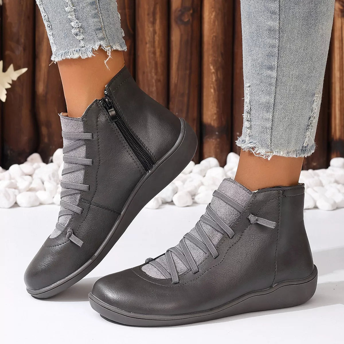 Lace-Up Faux Leather Ankle Boots, view 21
