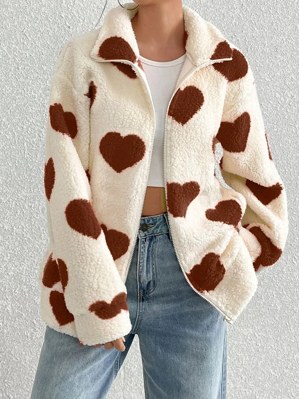 Heart Zip Up Drop Shoulder Furry Jacket in Brown