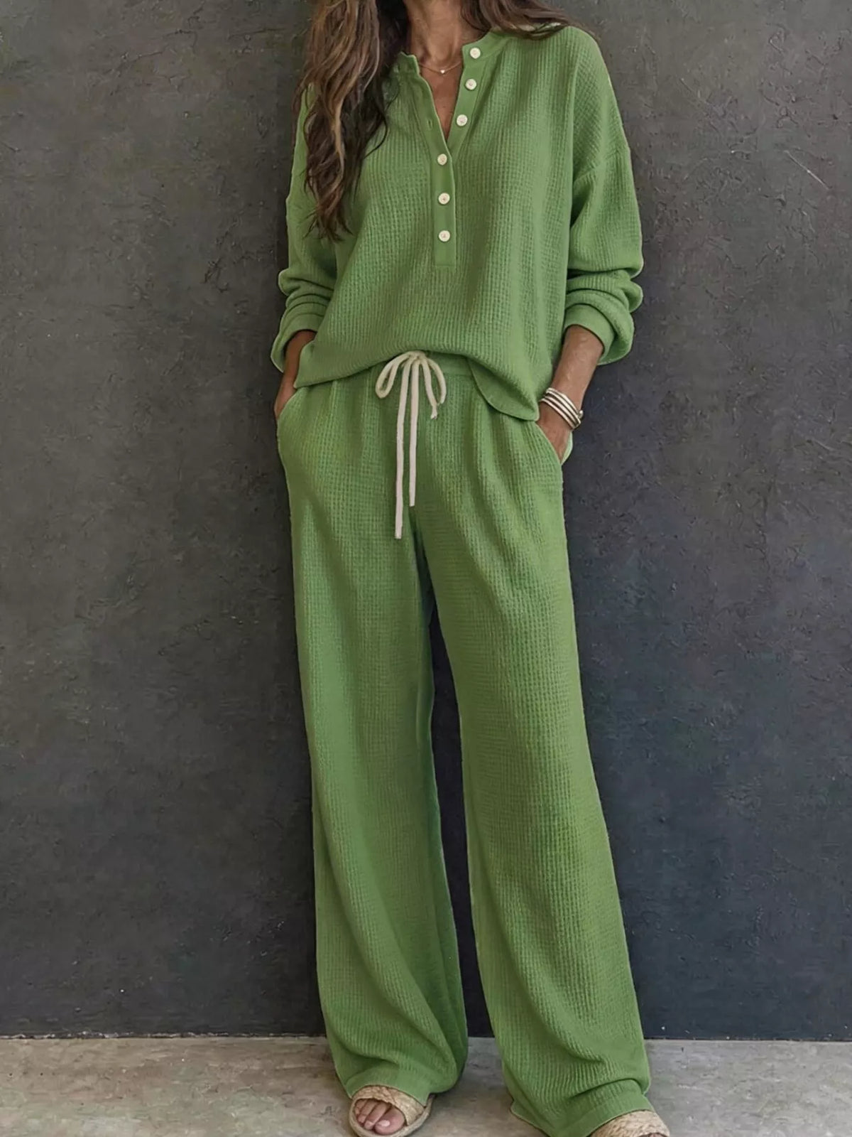 Waffle Knit Henley Top and Wide Leg Pants Set - Lilixa.store