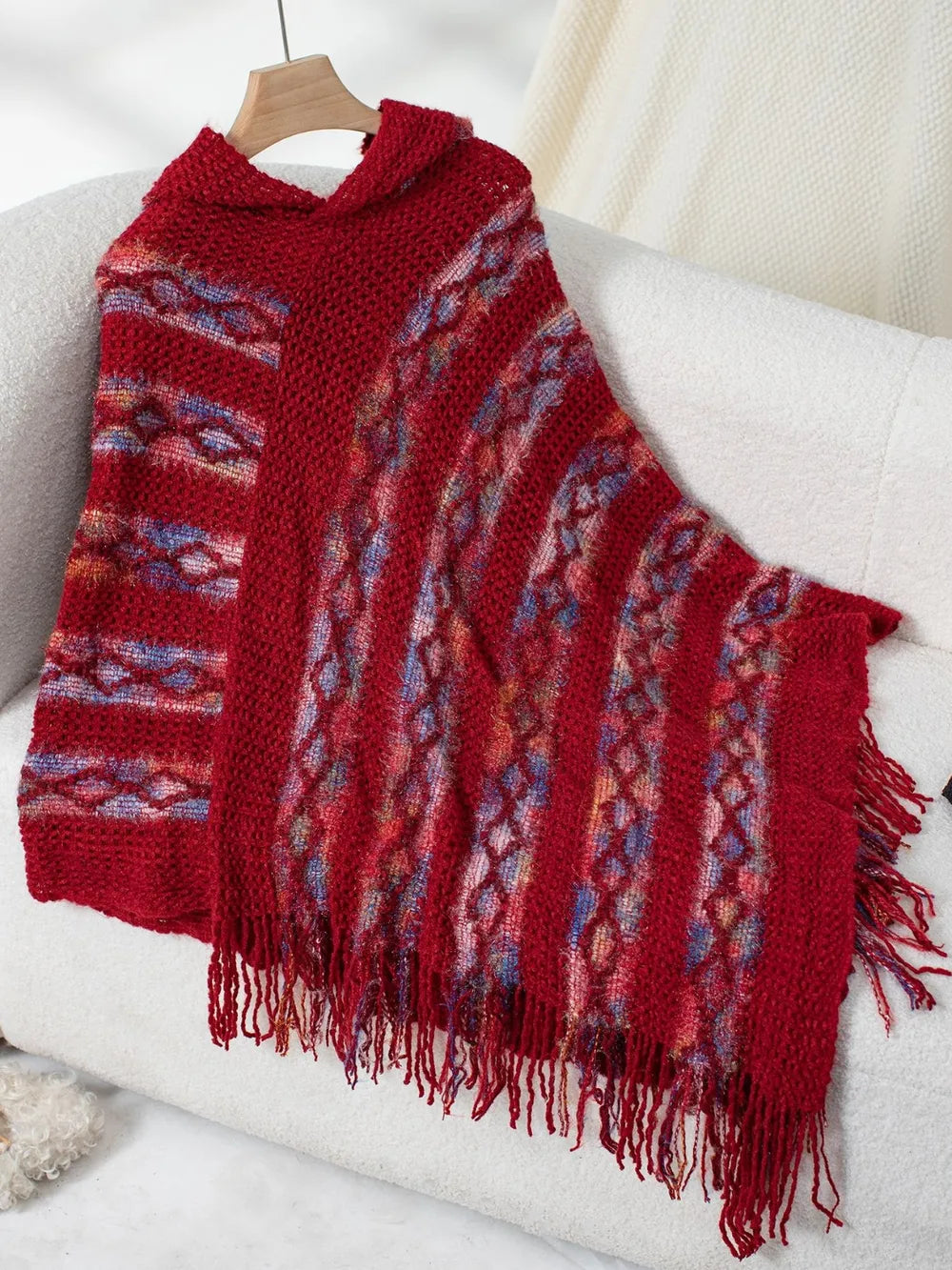 Fringe Contrast Hooded Poncho, view 6