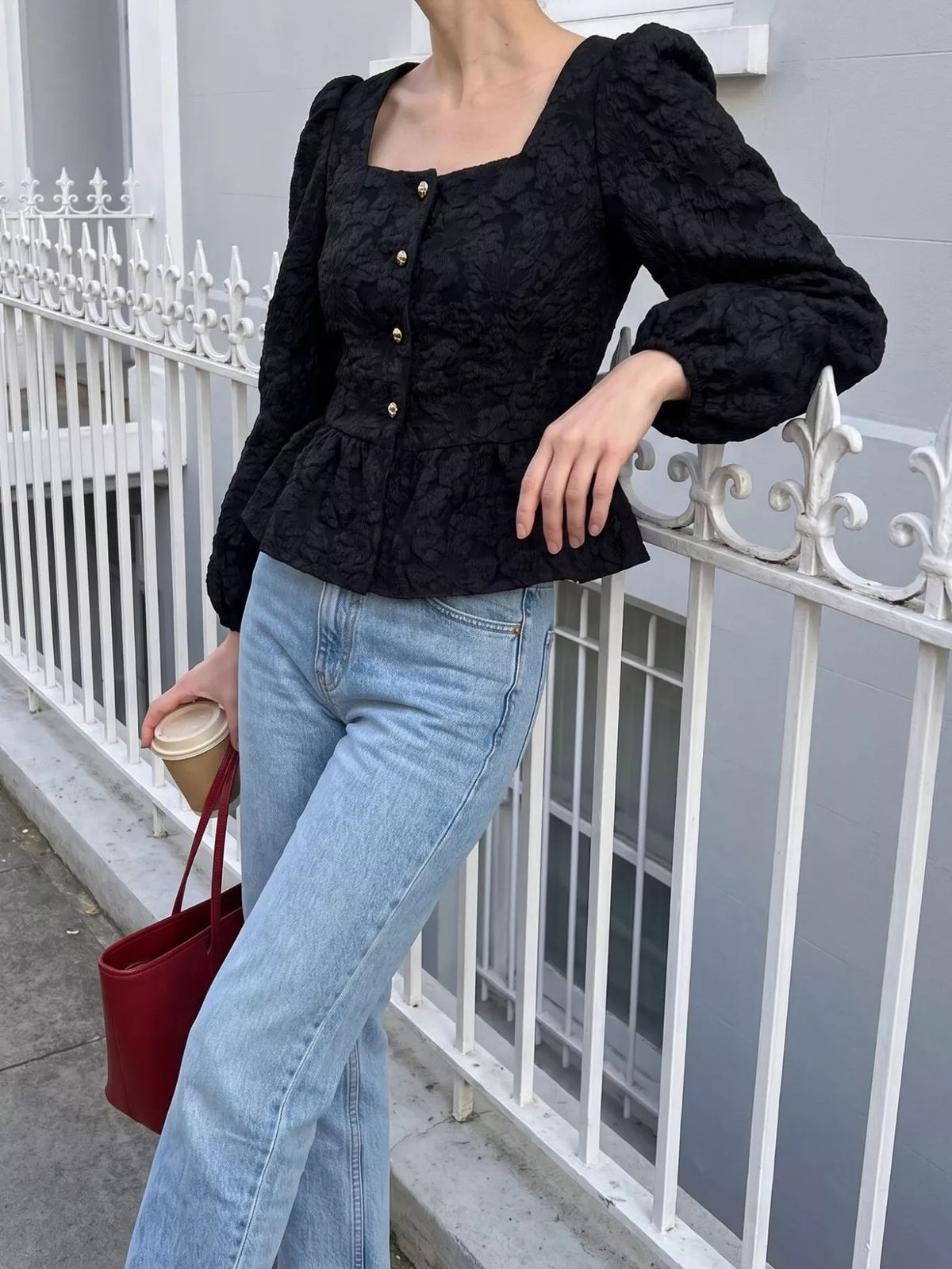 Square Neck Textured Peplum Blouse in Black