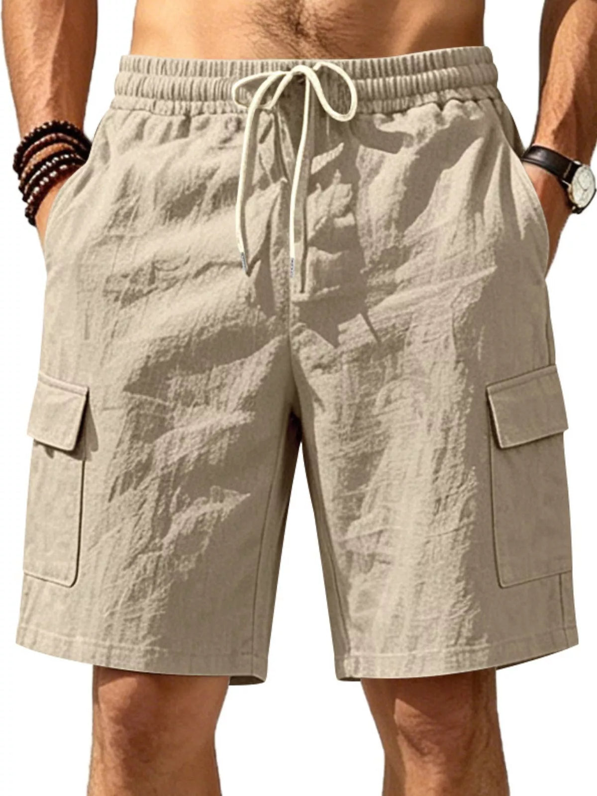 Men's Plus Size Casual Cargo Shorts with Drawstring Waist in Apricot