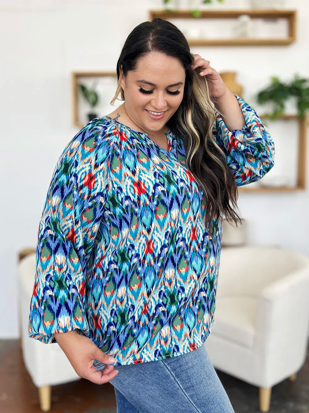 Double Take Full Size Printed Balloon Sleeve Blouse - Lilixa.store