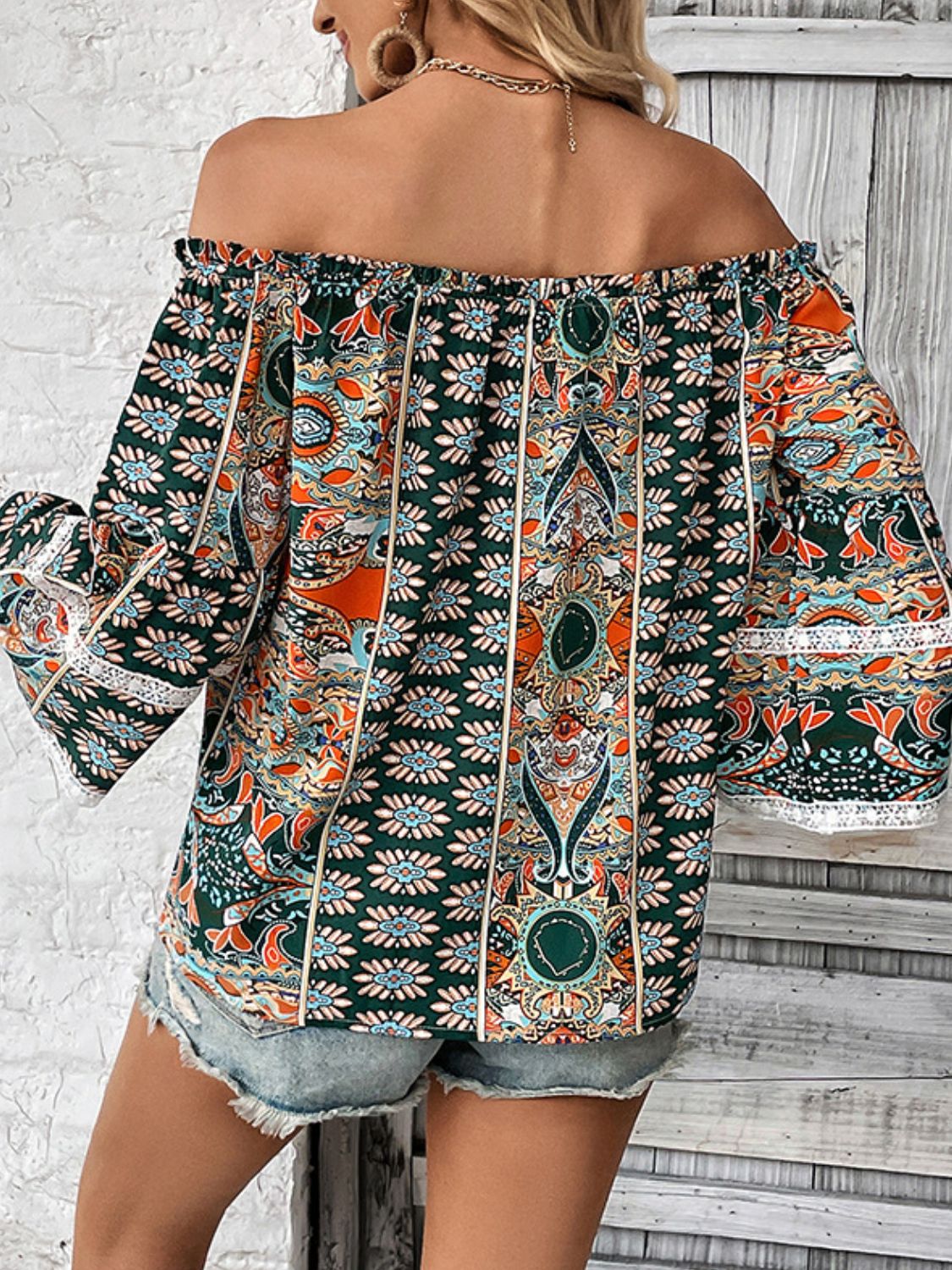 Perfee Printed Frill Trim Off-Shoulder Blouse in Multicolor, view 2