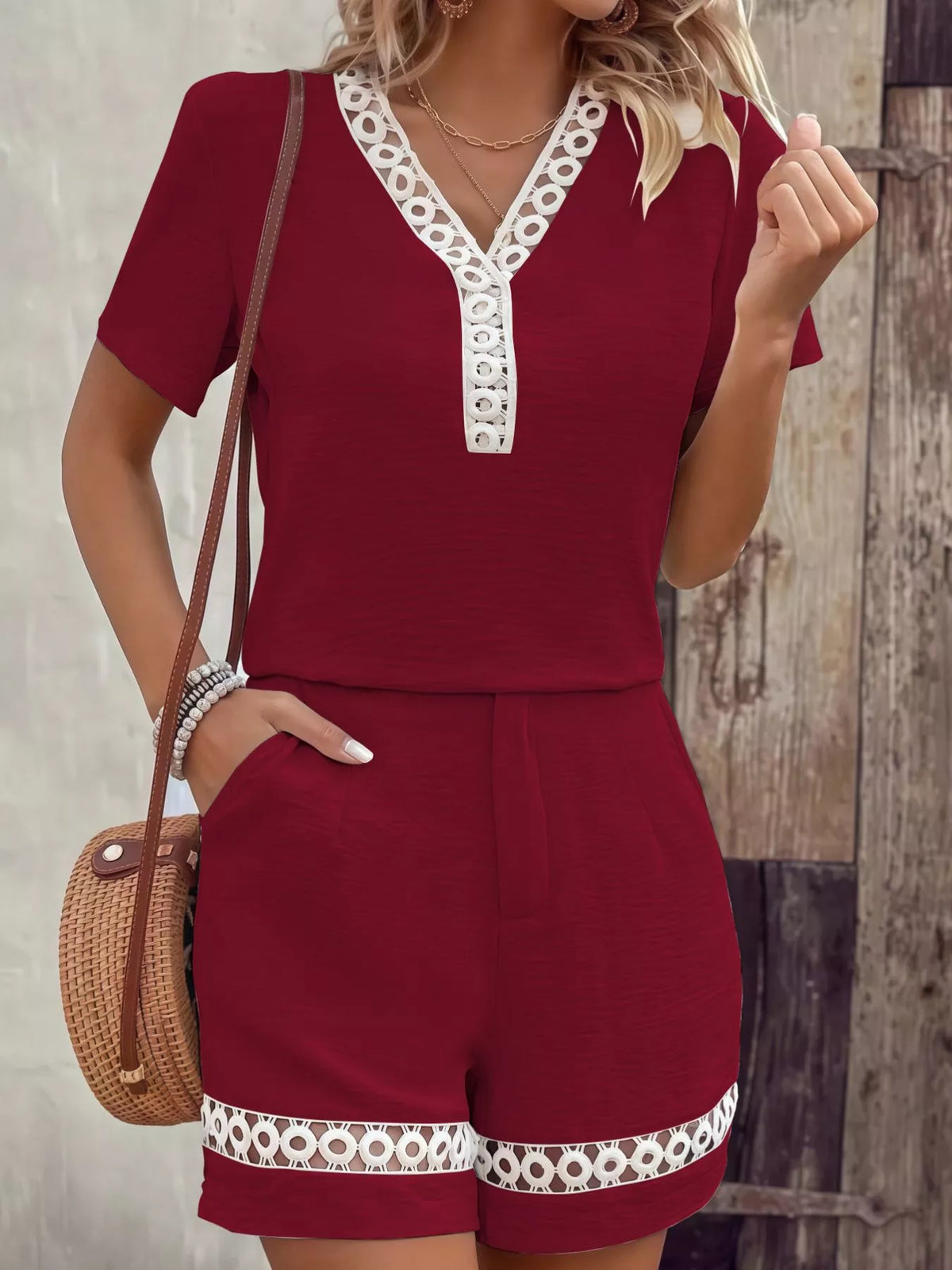 Lace Trim Short Sleeve Top and Shorts Set in Red