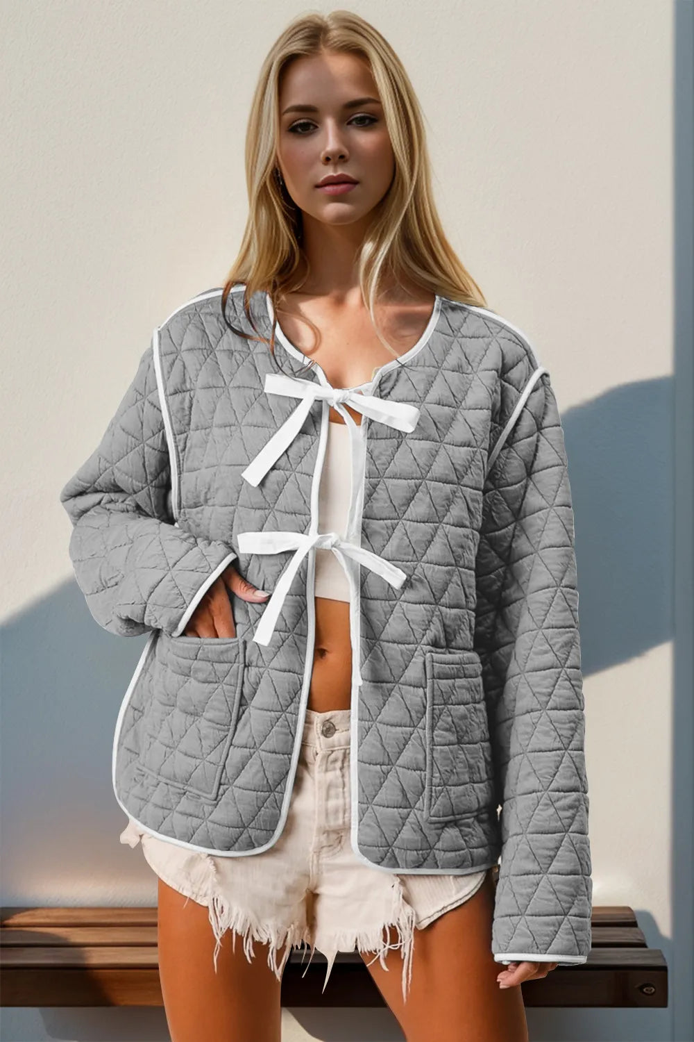 Double Take Contrast Trim Tie Front Quilted Jacket with Pockets in Gray