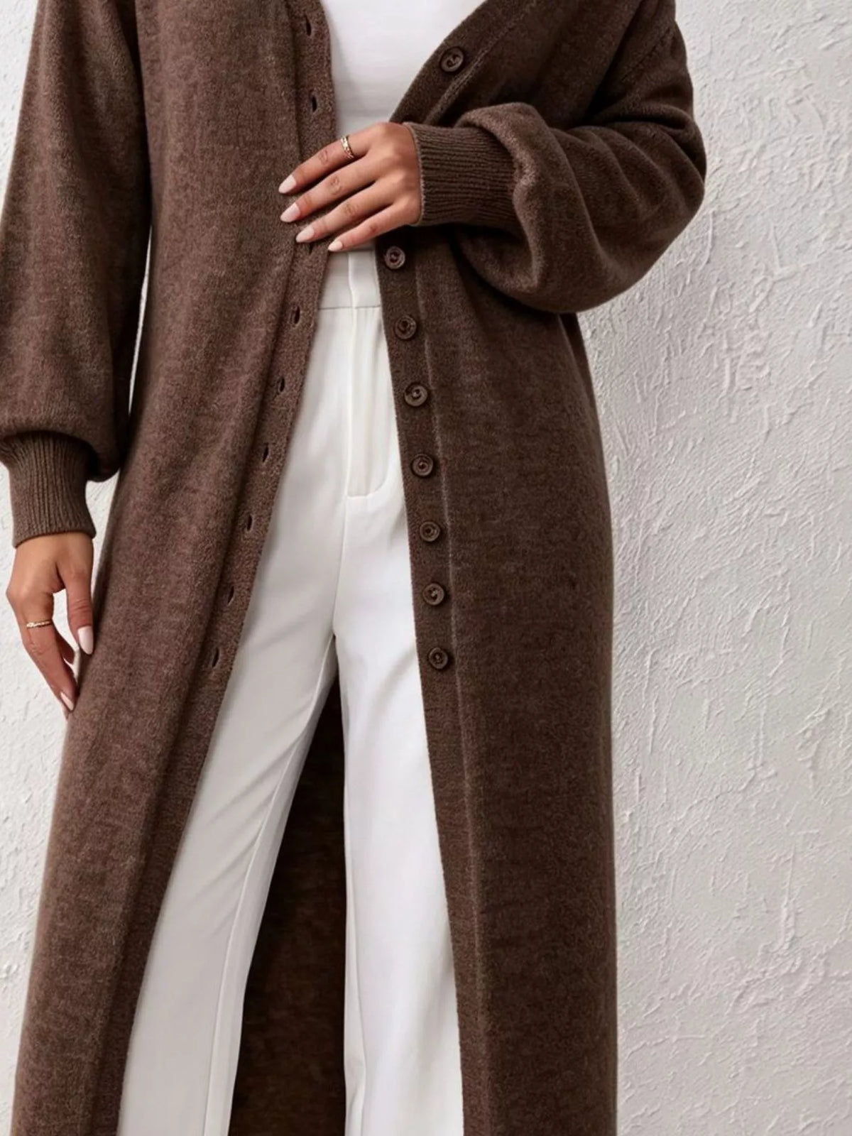 Elegant Longline Button-Front Cardigan with Lantern Sleeves, view 9
