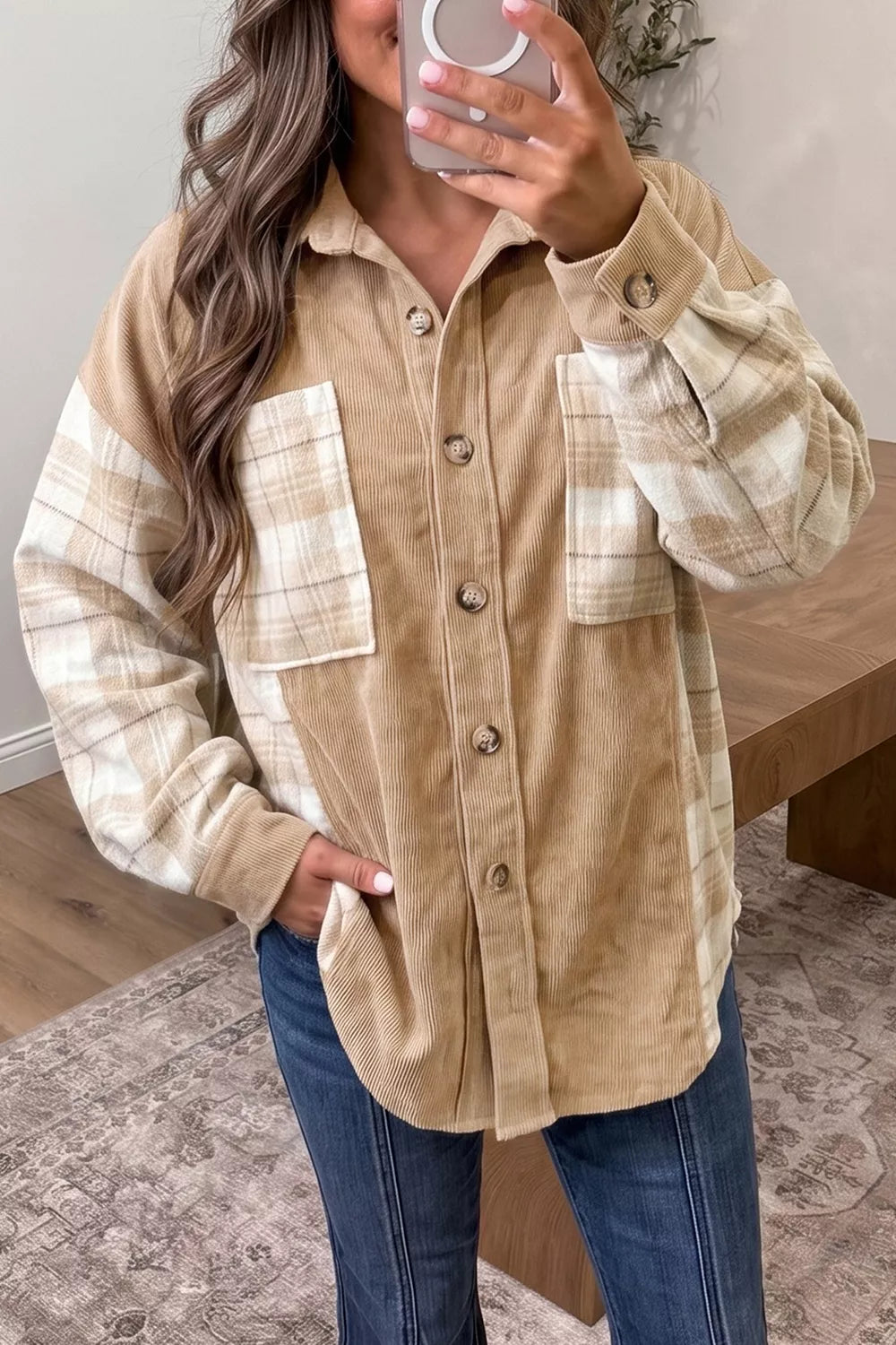 Plaid Colorblock Shirt Collar Shift Shacket in Camel, view 2