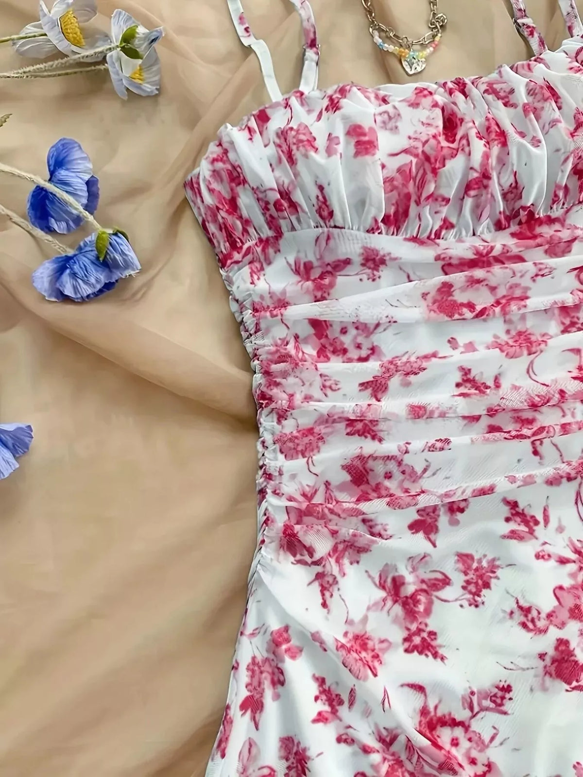 Floral Ruched Spaghetti Strap Mini Dress