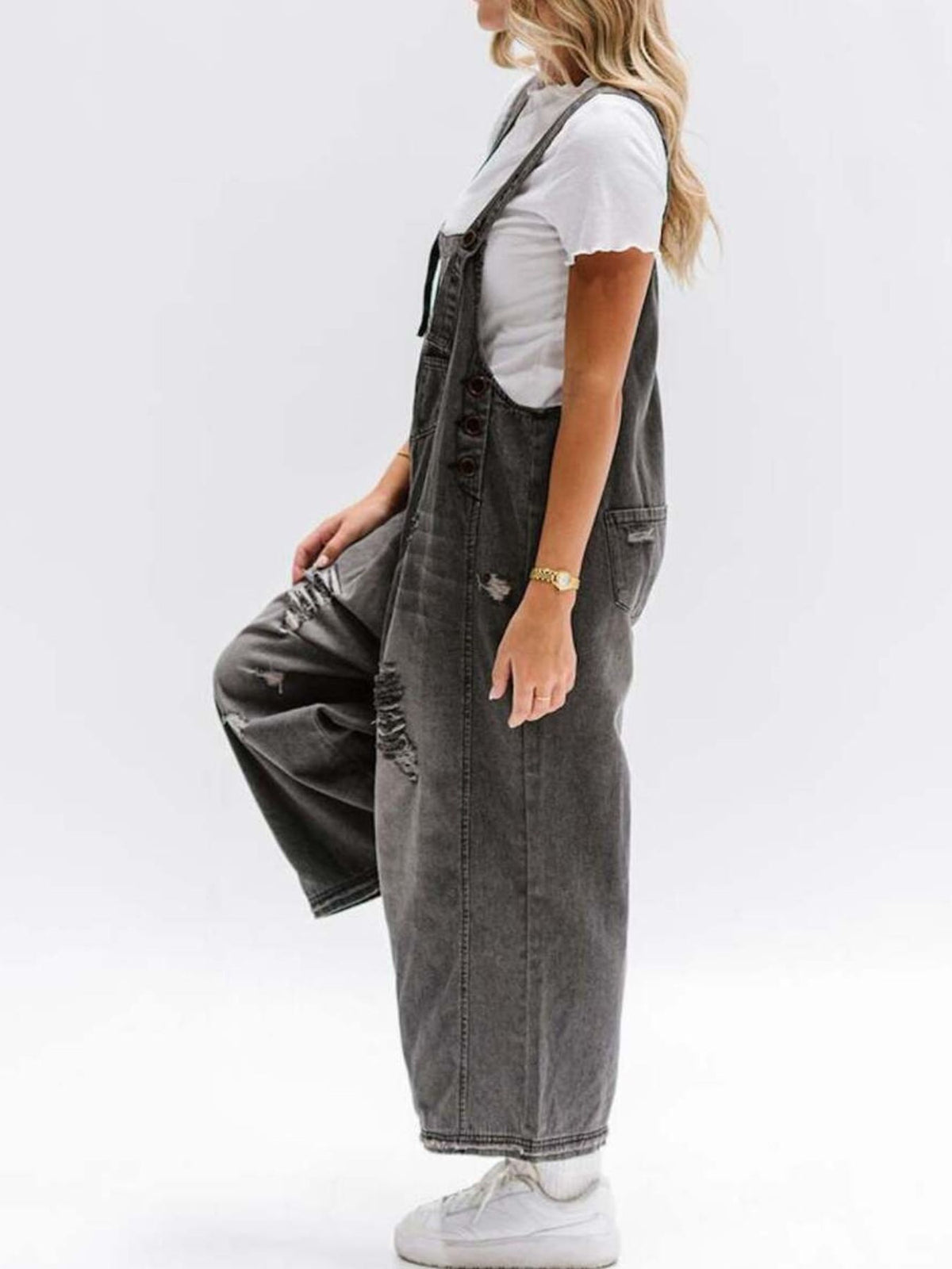 Distressed Wide Leg Denim Overalls