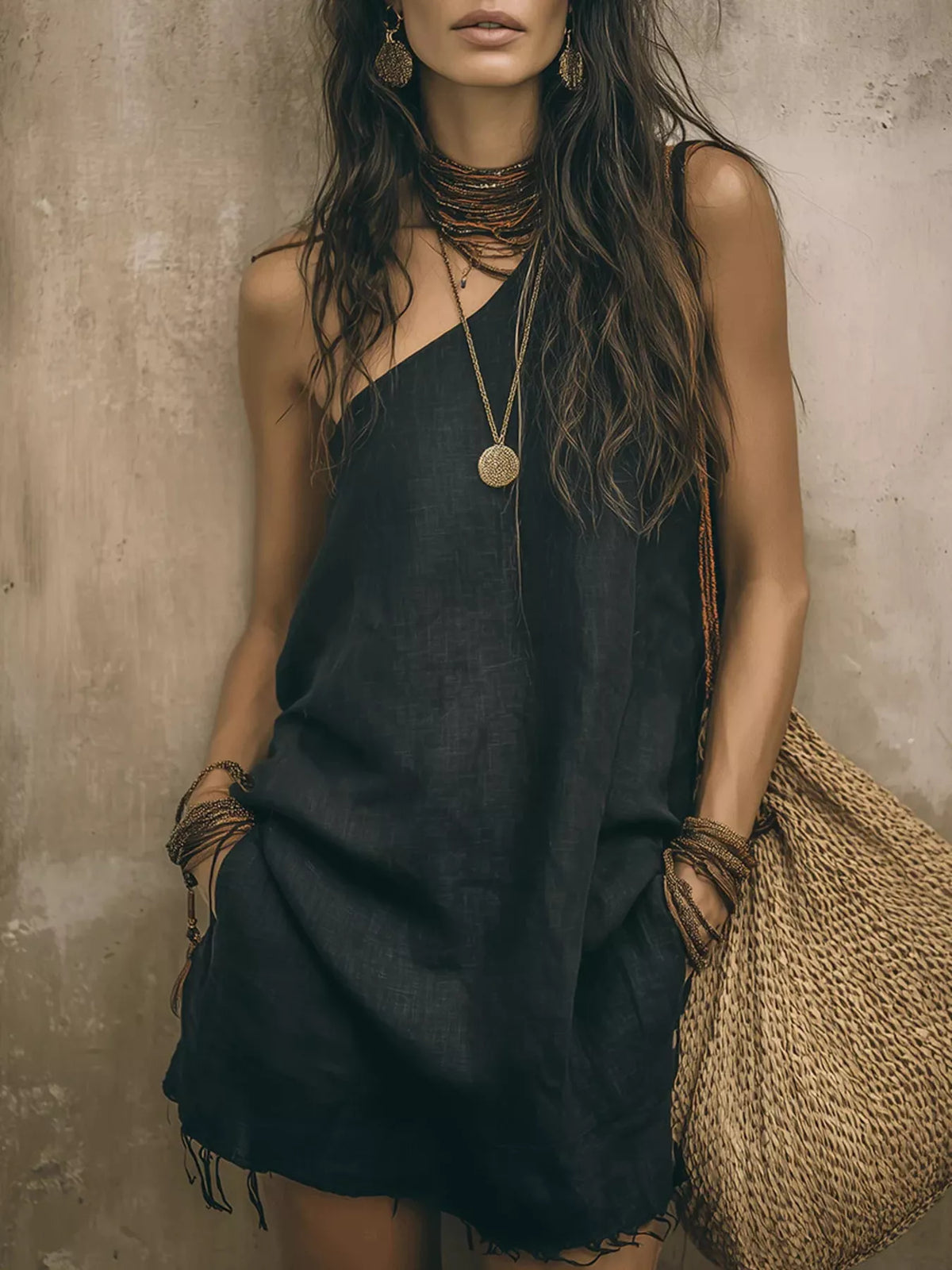 One-Shoulder Mini Dress with Frayed Hem - Lilixa.store