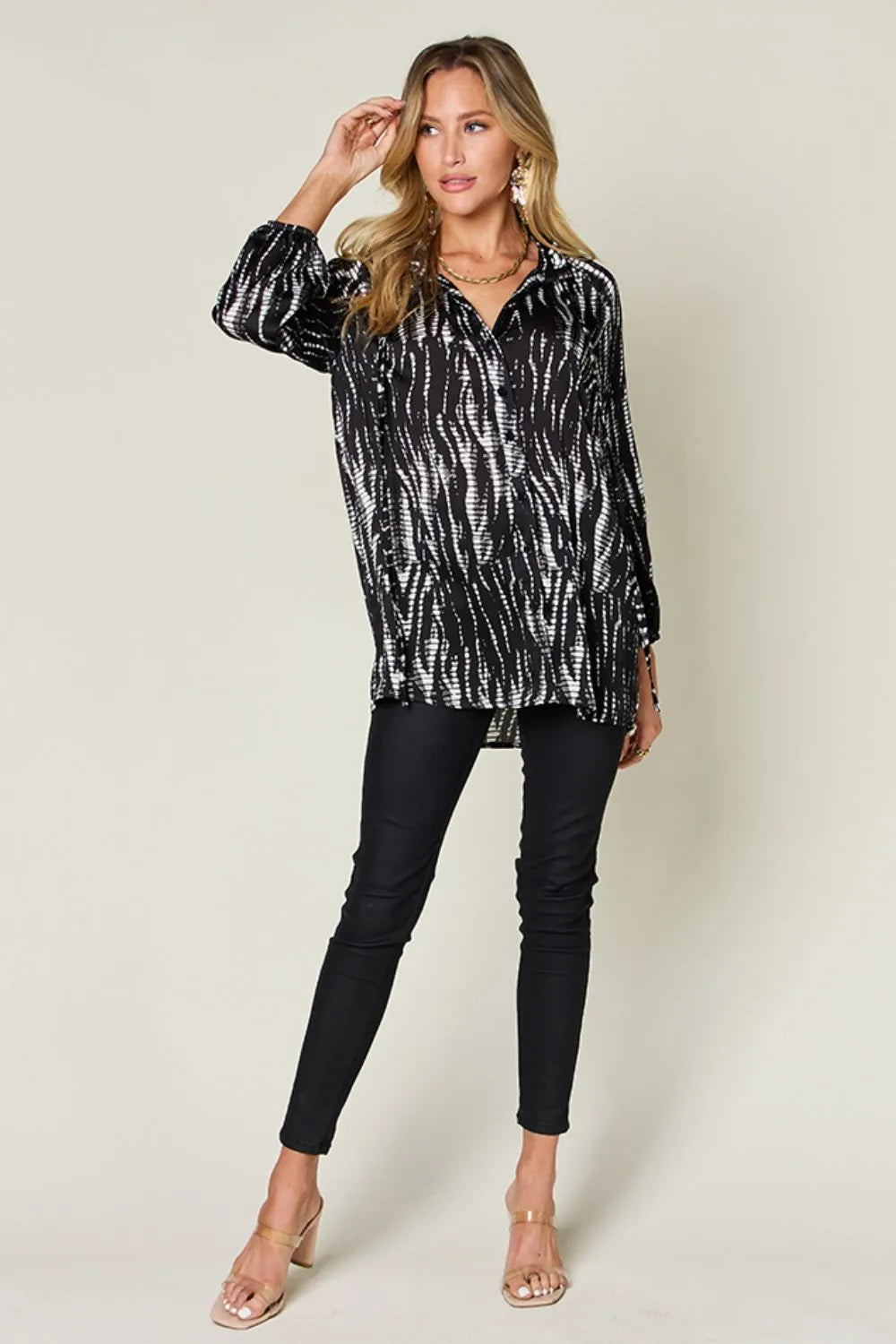 Double Take Full Size Printed Button Up Long Sleeve Shirt - Lilixa.store