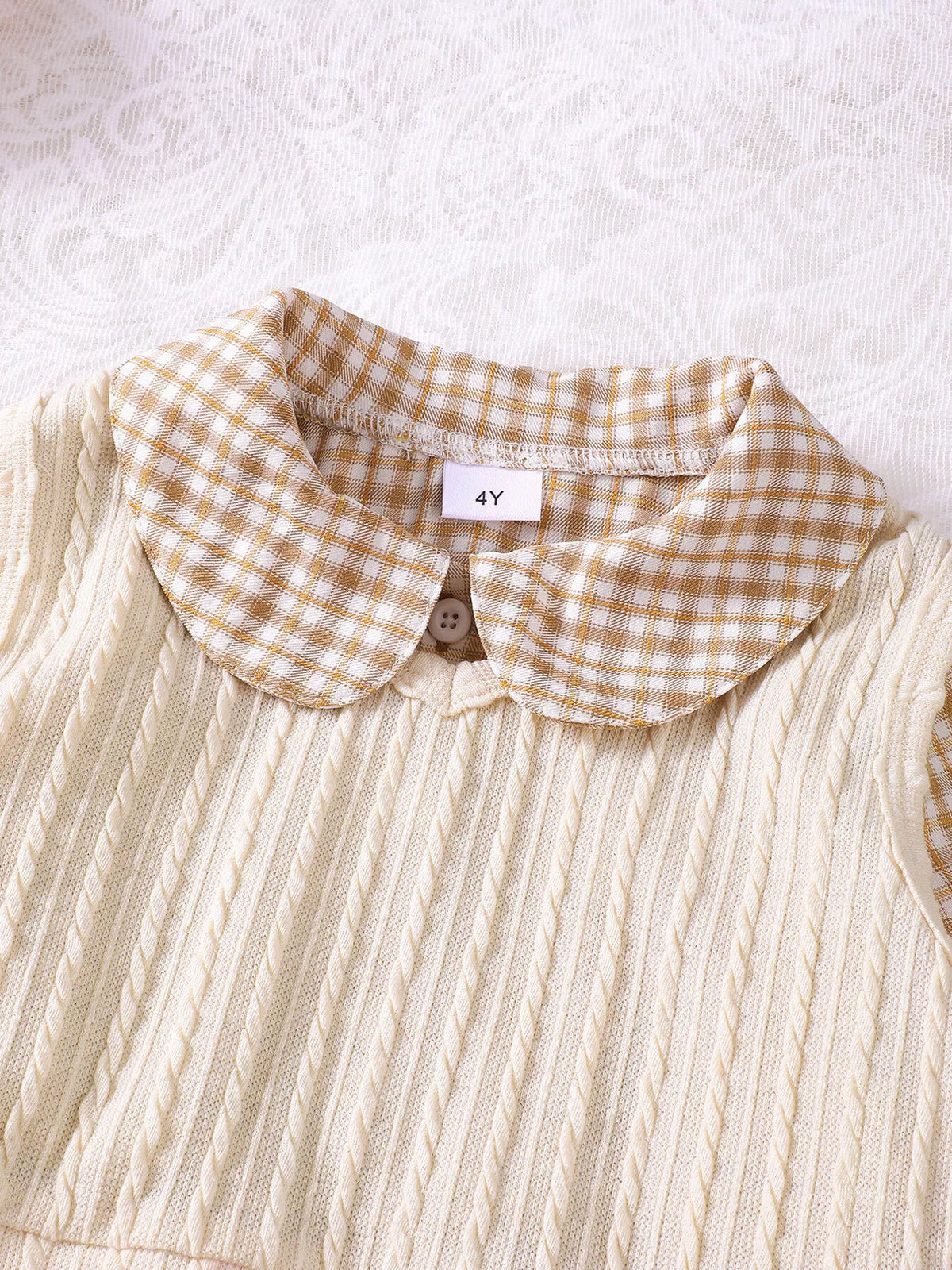 Children's Plaid Peter Pan Collar Dress and Knitted Vest Set in Apricot Color, view 2