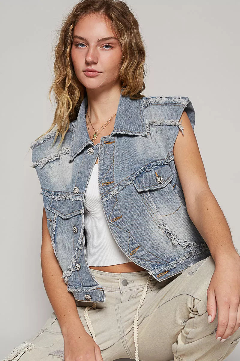 POL Assymetrical Front Closure Raw Hem Denim Vest, view 3